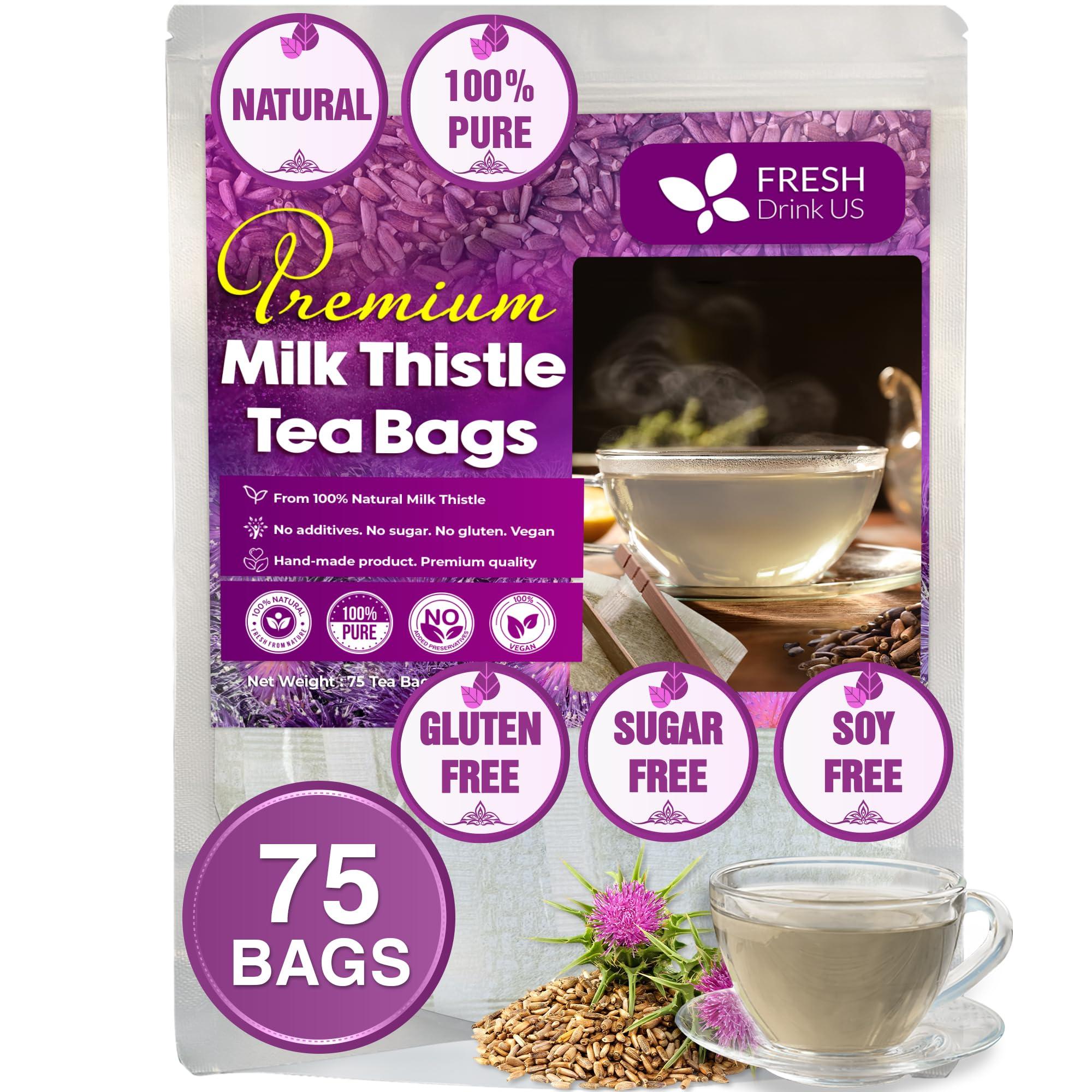 FRESHDRINKUS FreshDrinkUS, Premium 75 Milk Thistle Tea Bags, 100% Natural & Pure from Milk Thistle Seeds. Milk Thistle Seed Herbal Tea. Made with Natural Material Tea Bags. No Sugar, No Caffeine, No Gluten, Vegan.