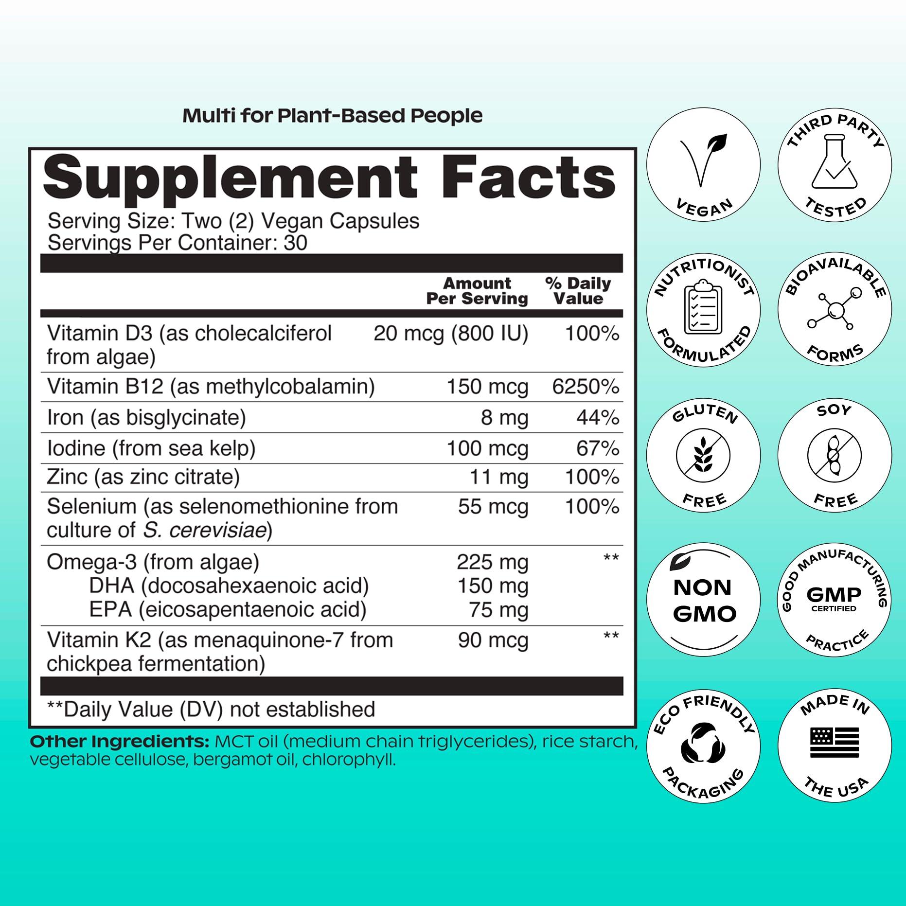 wholier wholier -Plant-Based Vegan Multivitamin Omega 3 DHA + EPA, Vitamin D, Vitamin B12, Zinc, Vitamin K2, Iron, Iodine, Selenium. 60 Count (30-Day Supply) (Compostable Refill)