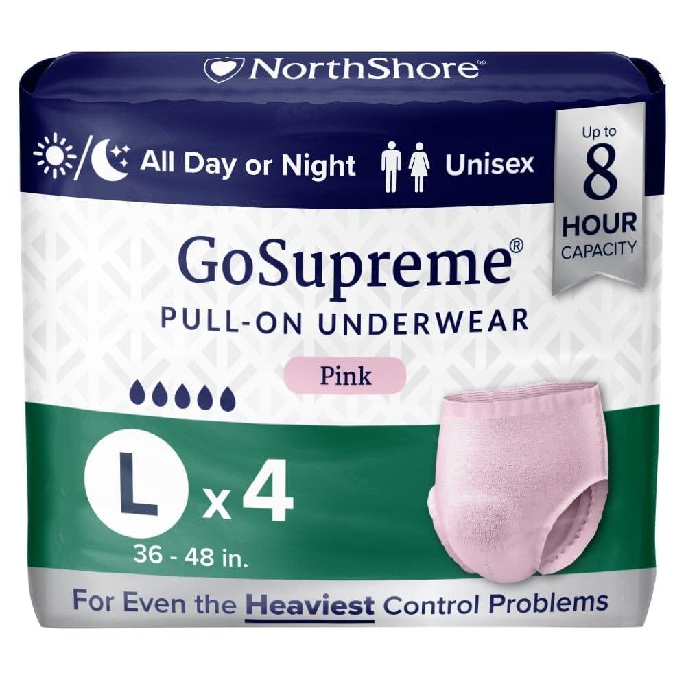 NorthShore NorthShore GoSupreme Overnight Incontinence Underwear, 8-Hour Pullup Style, Large, 4 Count Trial, Pink, 36-48 inches, Unisex Adult Diapers