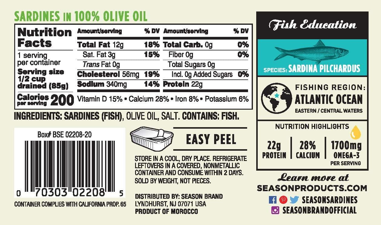 SEASON Season Sardines in Olive Oil Wild Caught, 22g of Protein, Keto Snacks, More Omega 3\'s Than Tuna, Kosher, High in Calcium, Canned Sardines 4.37 Oz Tins, 12-Pack