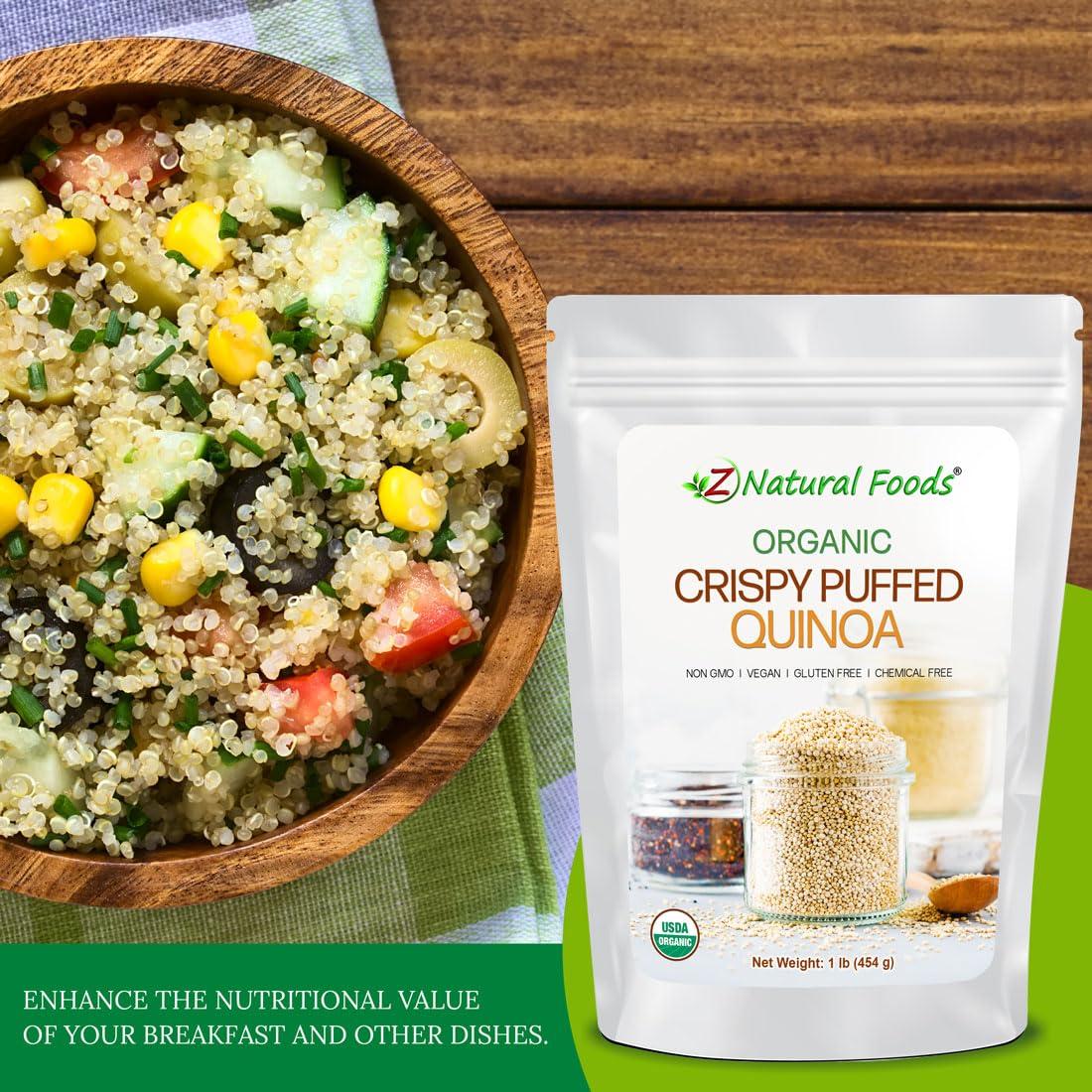 Z Natural Foods Z Natural Foods Organic Crispy Puffed Quinoa - Real Crisped Quinoa Vegan Superfood - Healthy Quinoa Crisps Snacks for Adults & Kids - Crispy Quinoa Puffs for Baking, Snacks, Yogurts, Gluten-Free, 1 lb