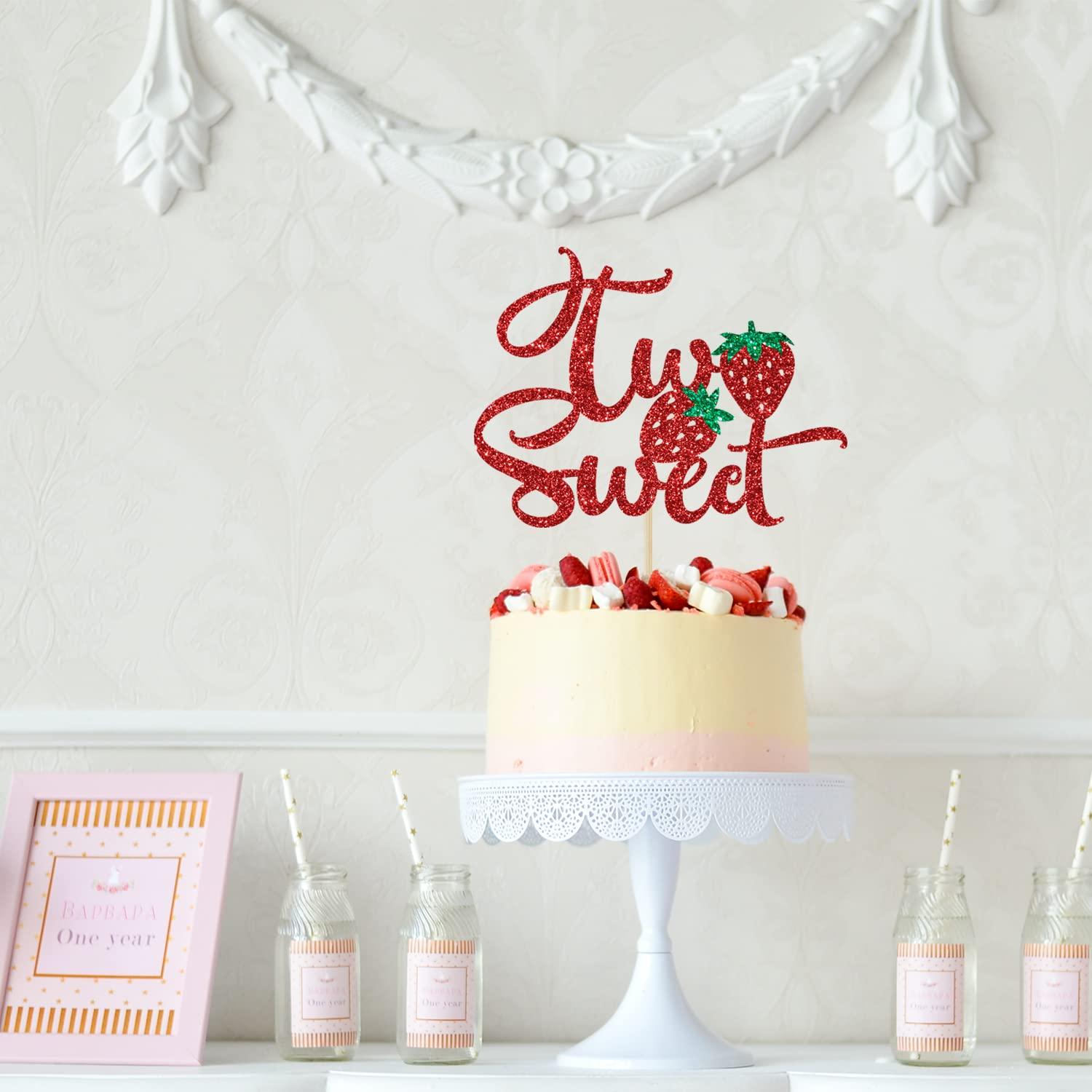 Sriburcio Red Glitter Two Sweet Cake Topper, Sweet to Be Two/Two Cute/Two Wild/Happy 2nd Birthday, Strawberry Themed 2nd Birthday Party Decorations
