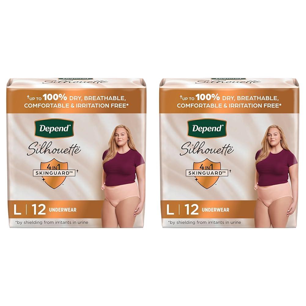 Depend Depend Silhouette Adult Incontinence & Postpartum Underwear for Women, Maximum Absorbency, Large, Pink, 12 Count (Packaging May Vary) (Pack of 2)