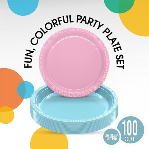 Exquisite Exquisite 9 & 7 Inch. Dinner Plate Combo 100 Pack Light Blue & Pink Plastic Plates Disposable, 50-7 Inch Dessert Plates & 50-9 Inch Dinner Plates Light Blue & Pink Plate Set Plastic Plates For Party