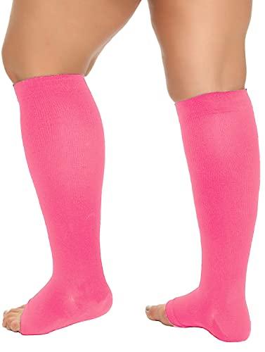 VOMFIT VOMFIT Plus Size Compression Socks for Women & Men, 20-30mmHg Wide Calf Extra Wide Toeless Support Compression Stockings for Circulation Pain, Pink, 2XL