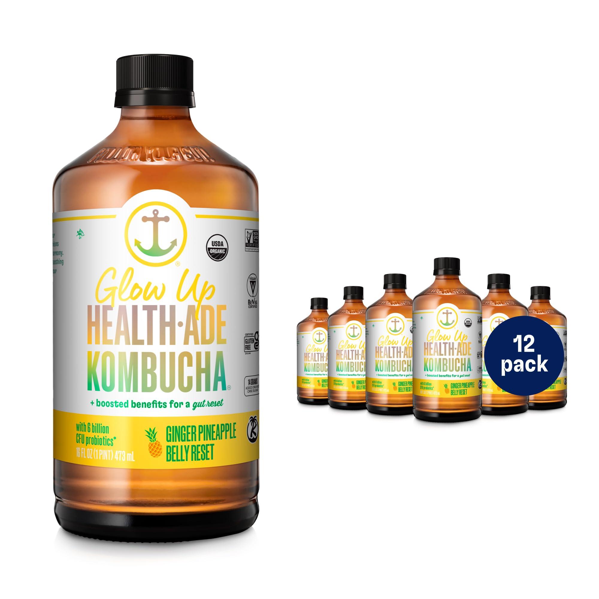 Health-Ade Health-Ade Kombucha Tea Organic Drink, Fermented Tea with Living Probiotics, Detoxifying Acids, Supports Gut Health, Non-GMO, Vegan, Gluten Free, 12 Pack (16 Fl Oz Bottles), Ginger Pineapple Belly Res