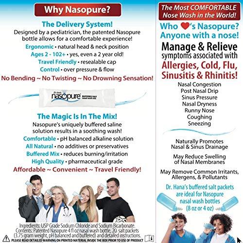 DR HANA'S NASOPURE Nasopure Nasal Wash, Sampler Kit, “The Nicer Neti Pot” Sinus Wash Kit, Comfortable Nasal Rinse 8 Oz Bottle & 4 Salt Packets (3.75 Grams Each), Nasal Congestion, Cold, Flu, Allergy, Nasal Irrigation