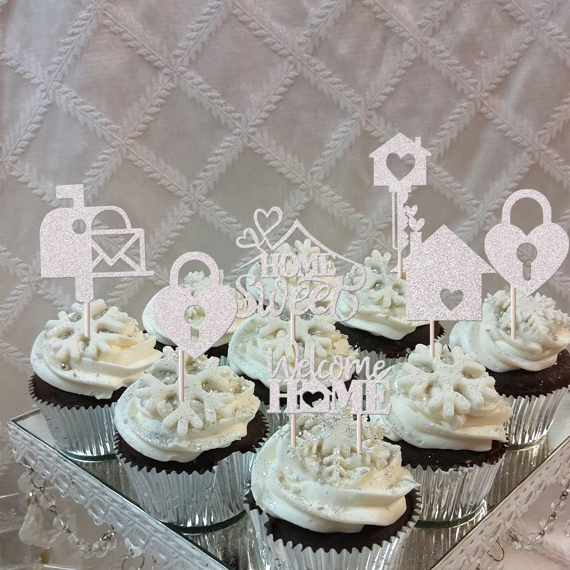 YCTHUNFISH 24 Pack Sweet Home Cupcake Toppers Glitter Key Lock Housewarming Cupcake Picks New Home Theme Party Welcome New House Party Cake Decorations Supplies Silver