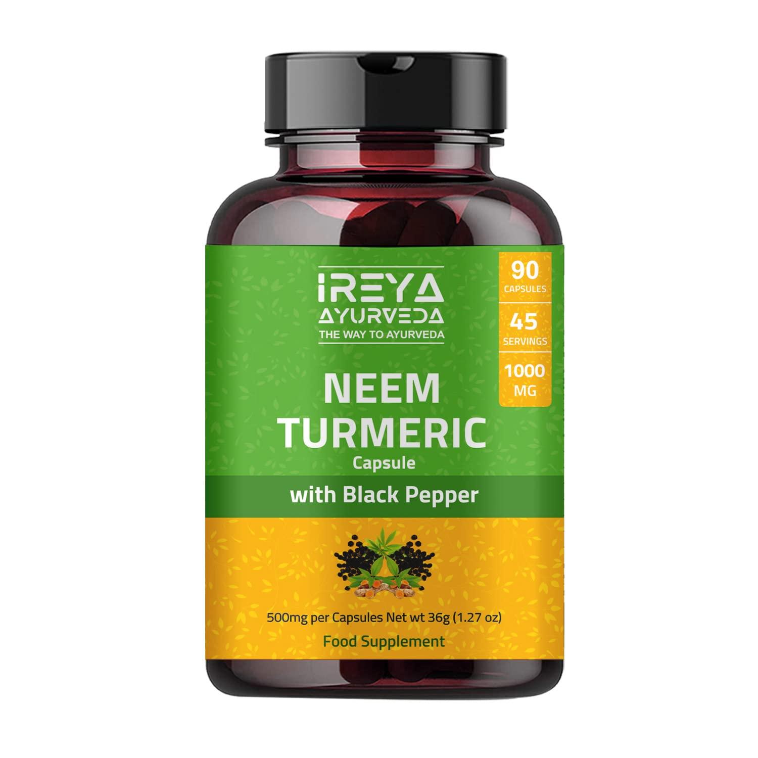 Ireya Ayurveda Neem Turmeric Capsules | 90 Capsules 1000mg | Neem Capsules Made Black Pepper Neem, Turmeric, & Black Pepper | (90 Capsules)