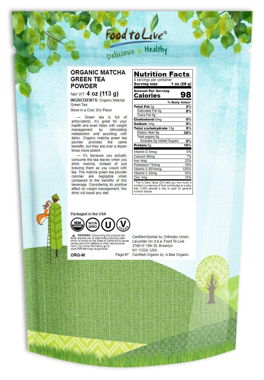 Food to Live Food to Live Organic Matcha Green Tea Powder, 4 Ounces Non-GMO, Kosher, Authentic Japanese Origin - Gourmet Grade, Vegan, Great for Tea, Smoothies, Lattes, Desserts, Baking, Sirtfood, Bulk