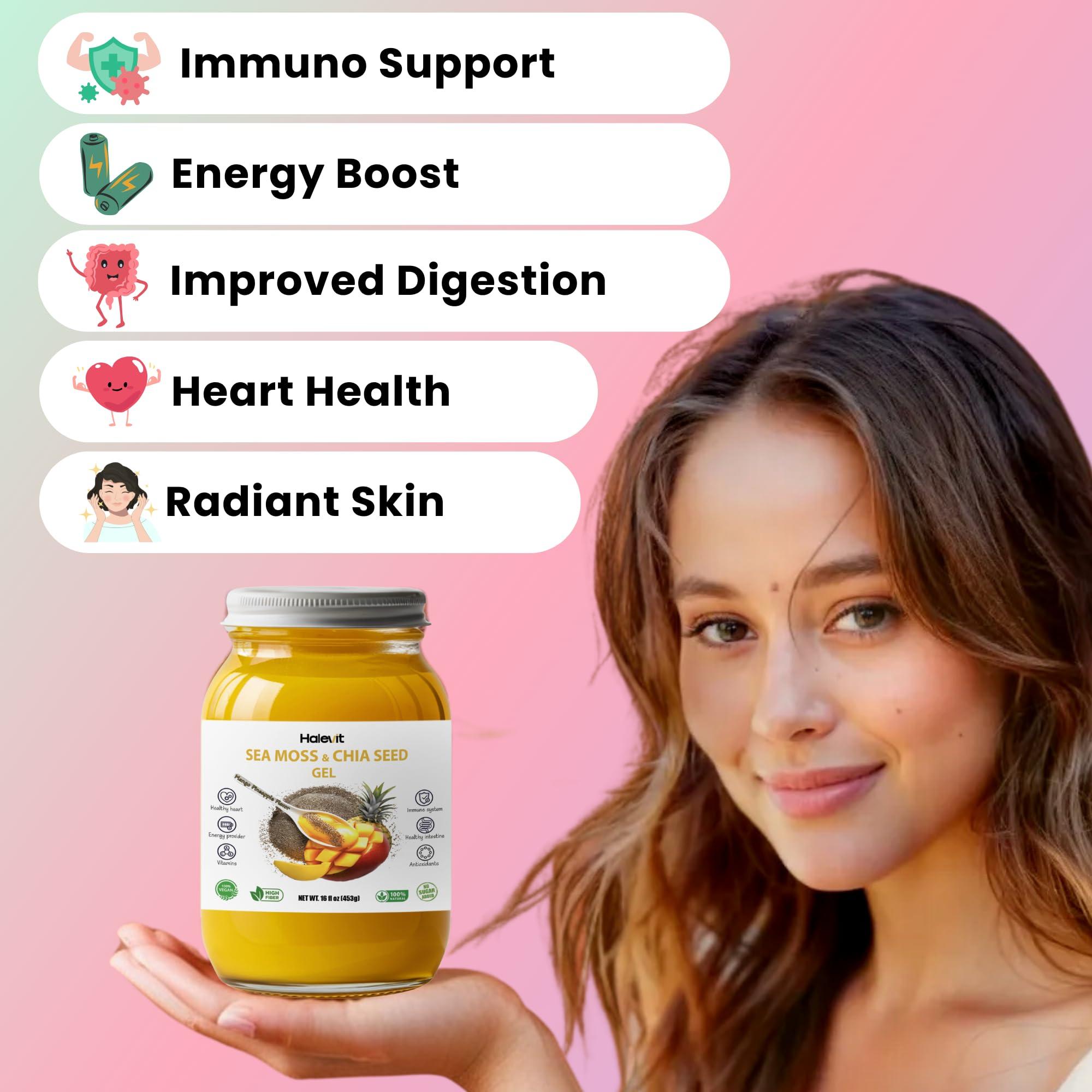 Halevit Sea Moss Gel with Ground Chia Seeds, Sea Moss Gel Organic Raw Natural Iodine Source, Omega-3, Immune & Digestive Support, Vegan Superfood, Mango Pineapple Flavor, Made in USA, 16 oz