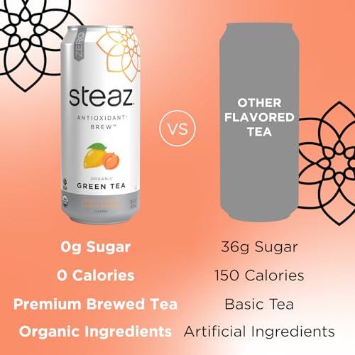 Steaz Steaz - Organic Green Tea - Zero Calorie Peach Mango (12 Pack) - Antioxidant Brew - 65mg Natural Caffeine, Vitamin C - Stevia Sweetened Iced Tea - Vegan, Fair Trade - 12 Cans, 16 fl oz (473mL)