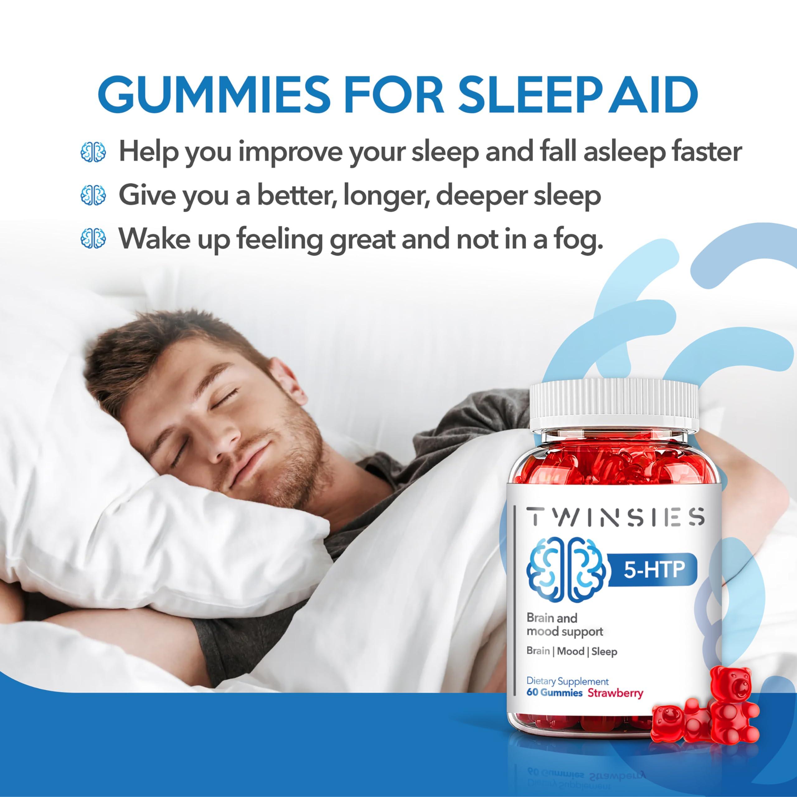 Twinsies Twinsies 5-HTP Gummies 200mg with L-Tryptophan Supplement for Brain, Mood Stabilizer and Sleep Support, 60 Strawberry Gummies (Strawberry)