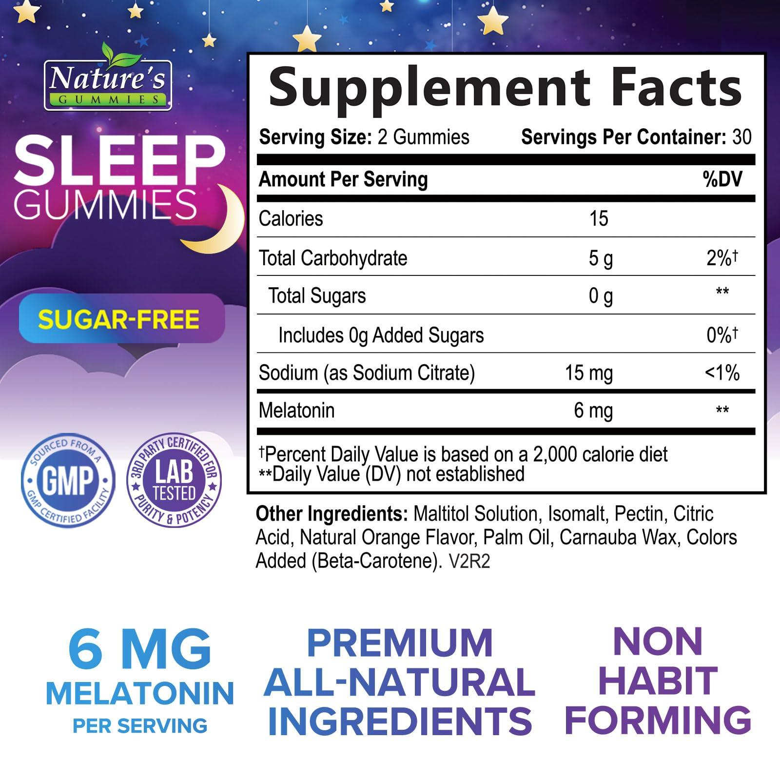 Nature's Gummies Sleep Gummies for Adults 6mg - Sugar Free Extra Strength Melatonin Gummy, Natural Sleeping Gummy for Adults, Kids, Orange Flavored, Vegan, Non-GMO, Sleep Vitamin Support Supplement - 60 Gummies