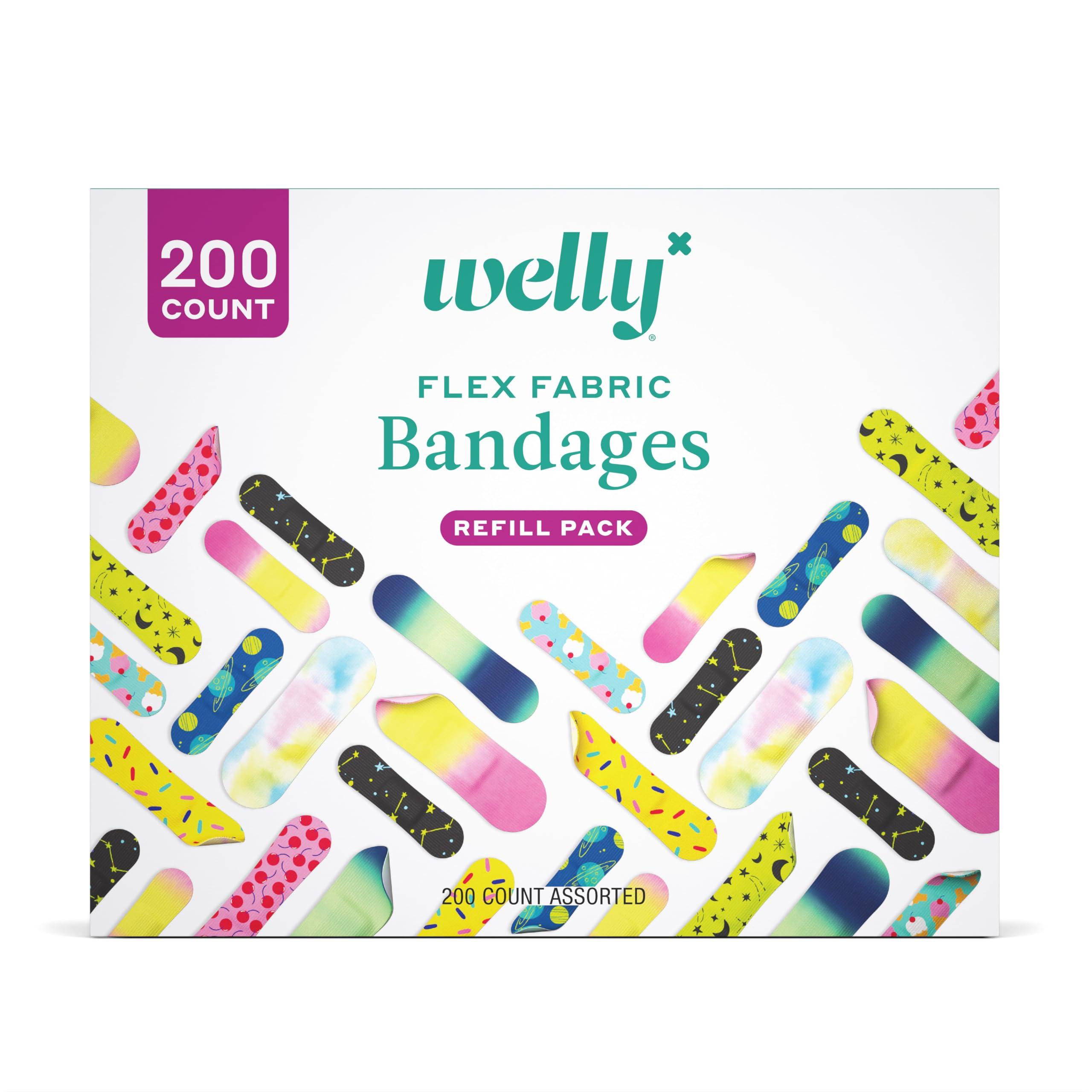 Welly Welly Bandage Refill Ready Pack | Adhesive Flexible Fabric Bandages | Bulk Assorted Shapes and Patterns for Minor Cuts, Scrapes, and Wounds - 200 Count