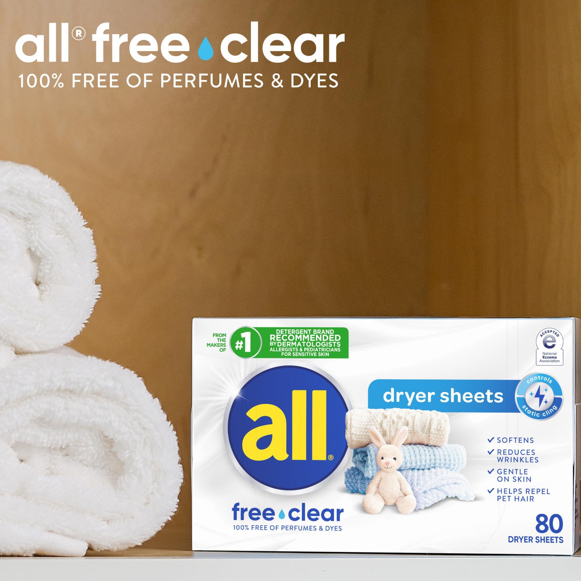 all all Fabric Softener Dryer Sheets for Sensitive Skin, Free Clear, 80 Count
