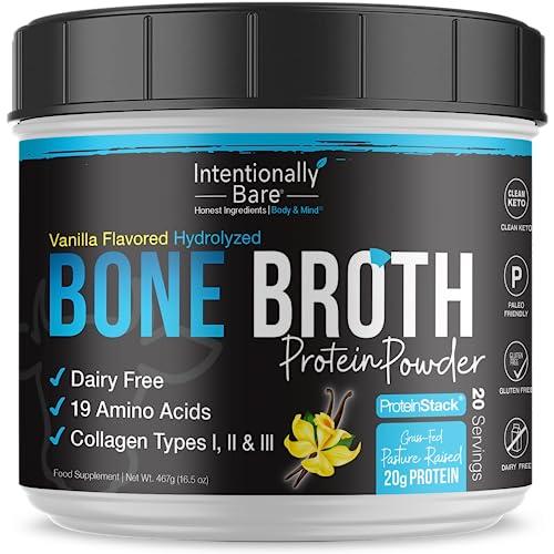 Intentionally Bare Intentionally Bare Bone Broth Organic Protein Powder Vanilla - Grass Fed Vanilla Protein with Collagen Types 1 2 & 3 - Keto Collagen Powder - Vanilla Collagen Powder for Joints & Gut - 20 Servings