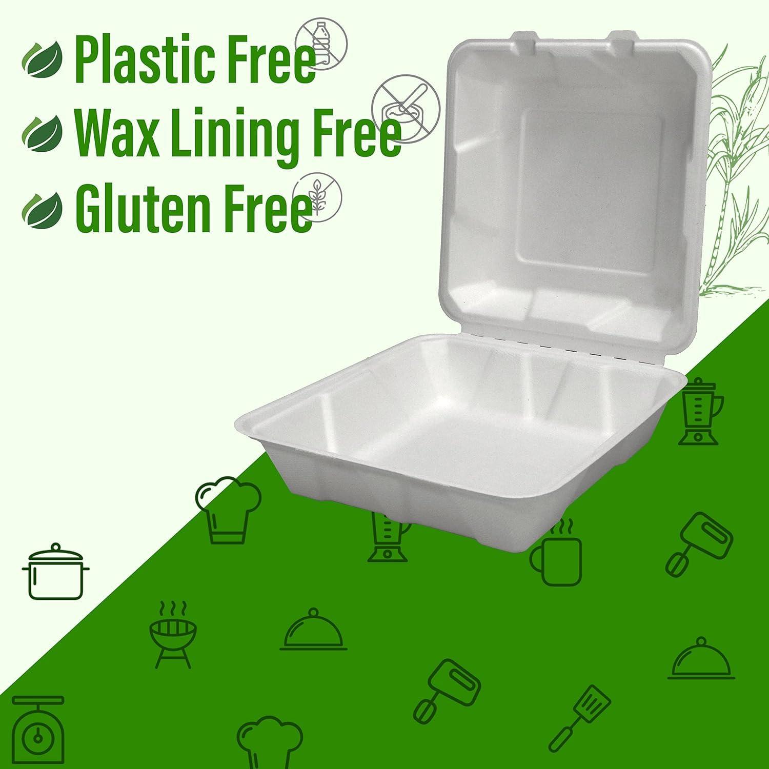 SIMOND STORE SIMOND STORE 9\"x9\" Food Container - 100 Pcs Disposable Food Containers - Biodegradable Clam Shell Food Containers - Clamshell Take Out Containers - Food Storage Container - Recyclable Food Containers