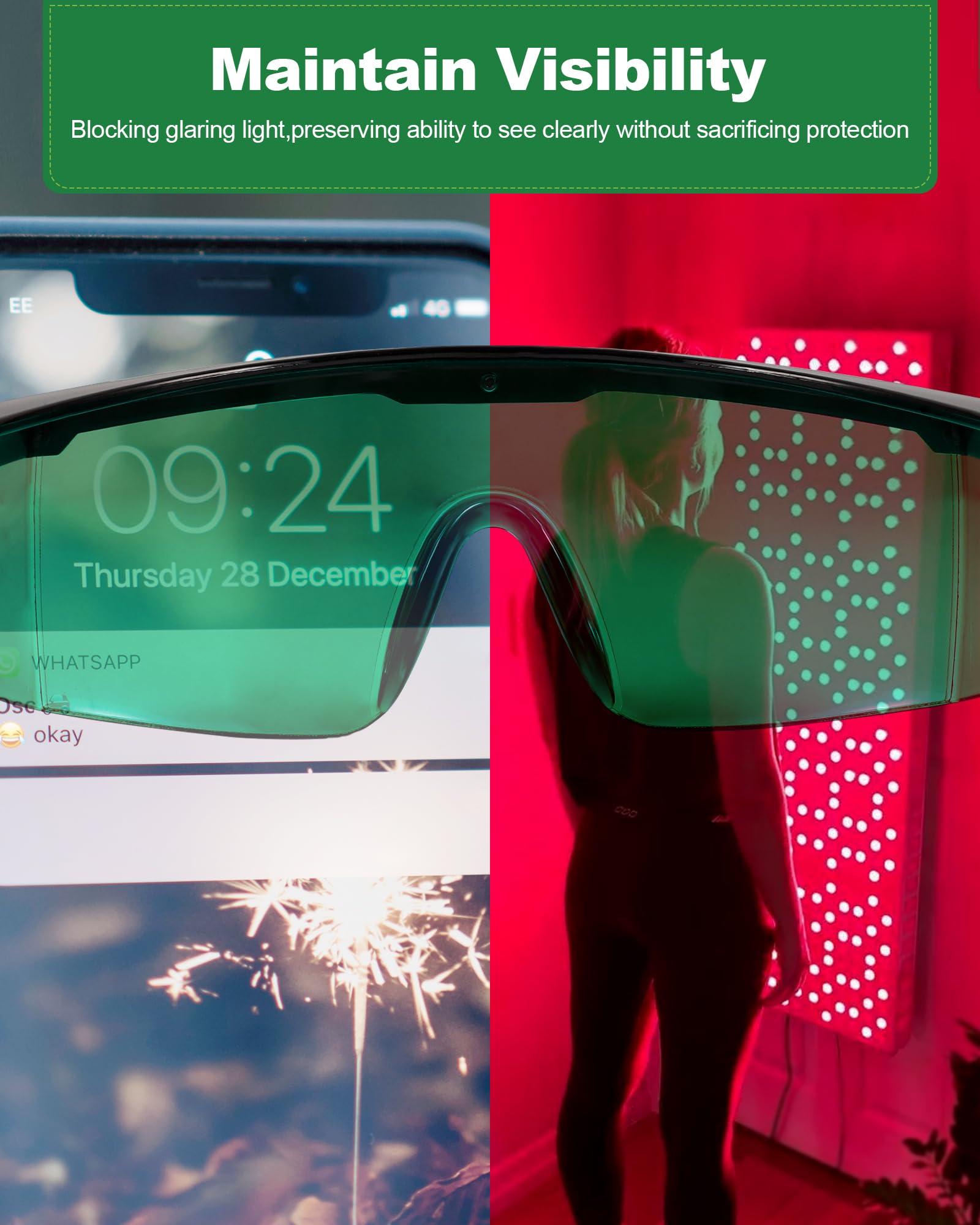 LIGHTMEUP Red Light Therapy Glasses, See-Through Eye Protection for Red Infrared 200-2000nm Full-Coverage Design Adjustable Fit Transparent Green Lenses for Phone & TV Use During Therapy Sessions Pack of 2