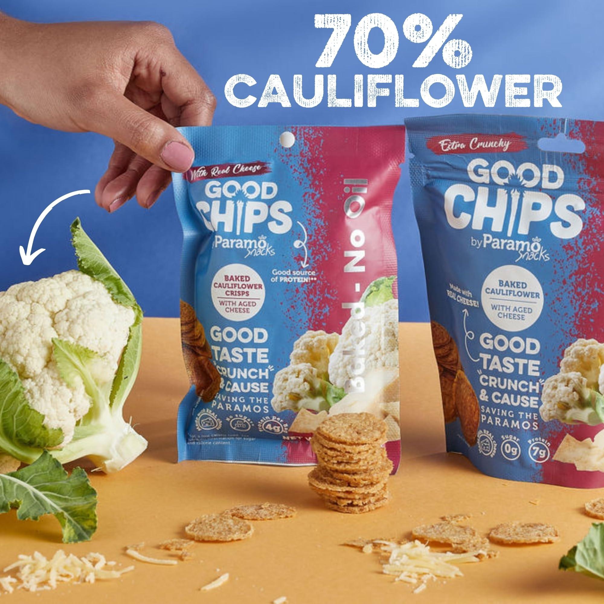 Good Chips by Paramo Snacks Good Chips Cauliflower Aged Cheese, Baked, No Oil, High Protein, Guilt Free Healthy Snacks, 1.23 oz. Pack of 12