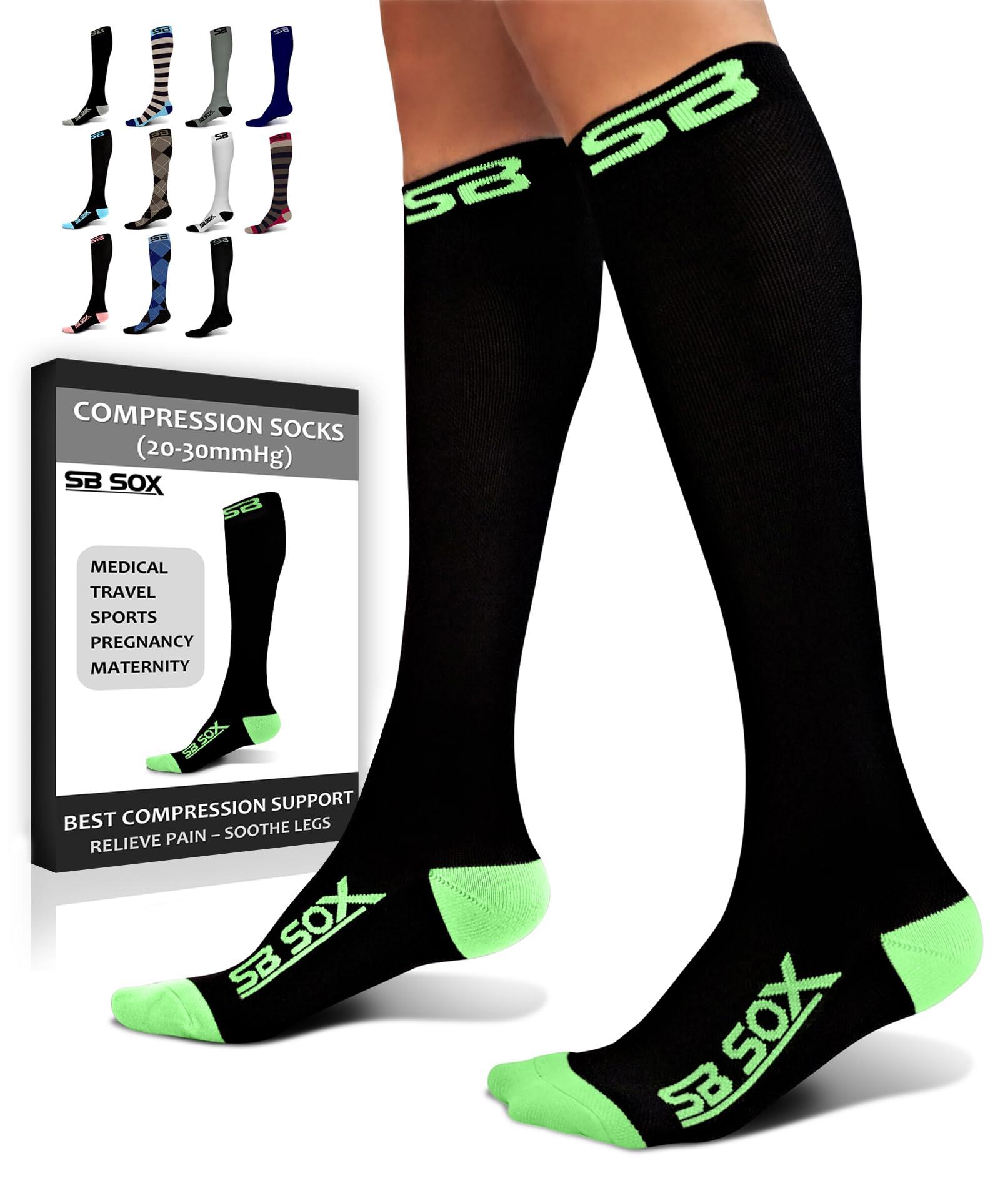 SB SOX SB SOX Compression Socks (20-30mmHg) for Men & Women Best Compression Socks for All Day Wear, Better Blood Flow, Swelling! (Medium, Black/Green)