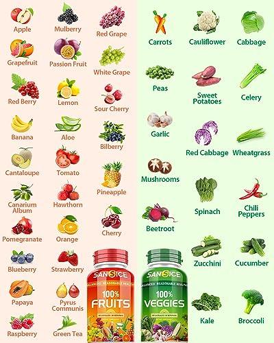 SANSICE SANSICE Fruits and Veggies Supplement, 100% Natural Fruit and Vegetable Vitamins Soy Free & Non-GMO Vegetable and Fruit Supplements for Women Men and Kids - 90 Fruit Capsules, 90 Veggie Capsules