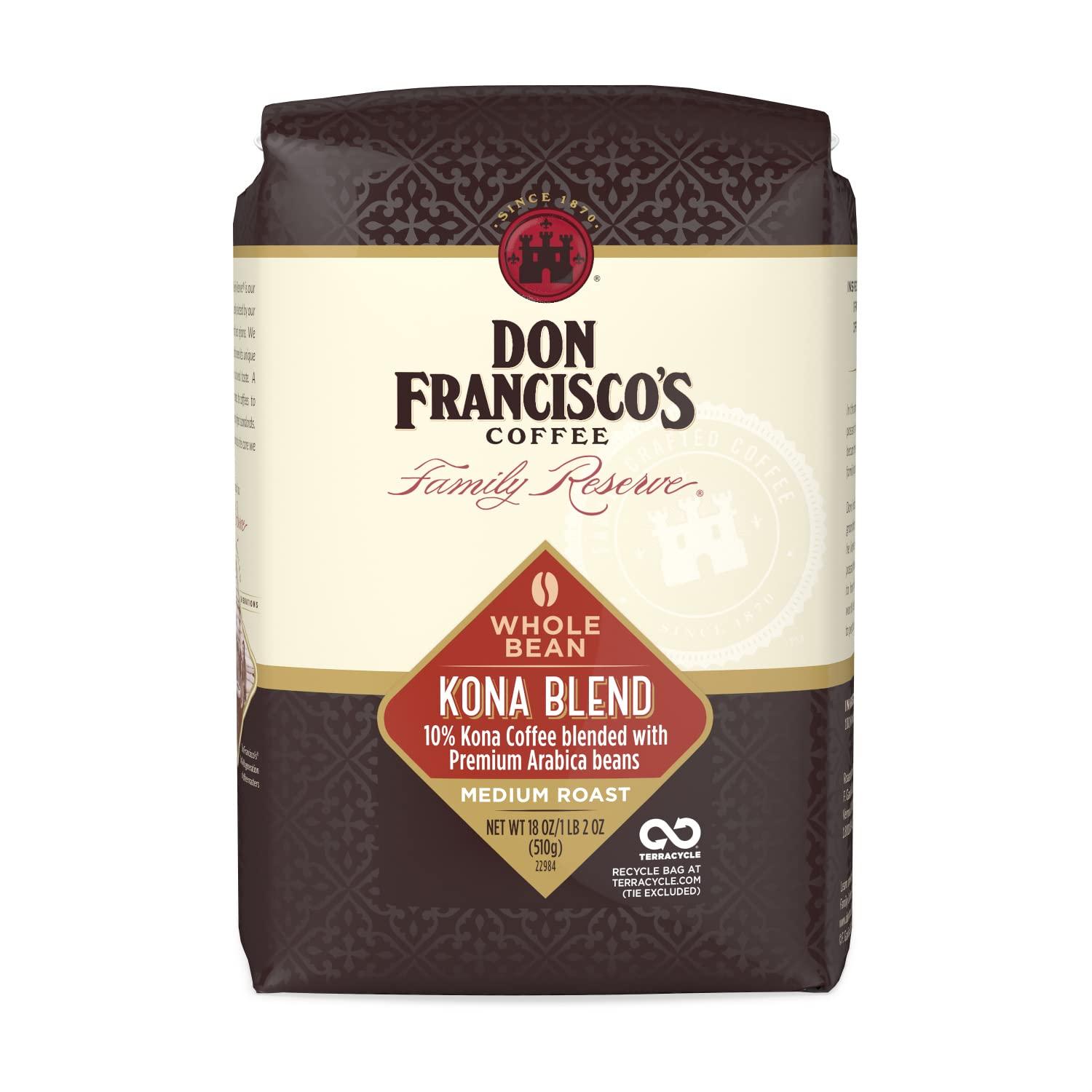 Don Francisco's Don Francisco\'s Kona Blend Medium Roast Whole Bean Coffee - Delicate Flavor for Drip, Pour Over, and French Press (18 oz Bag)