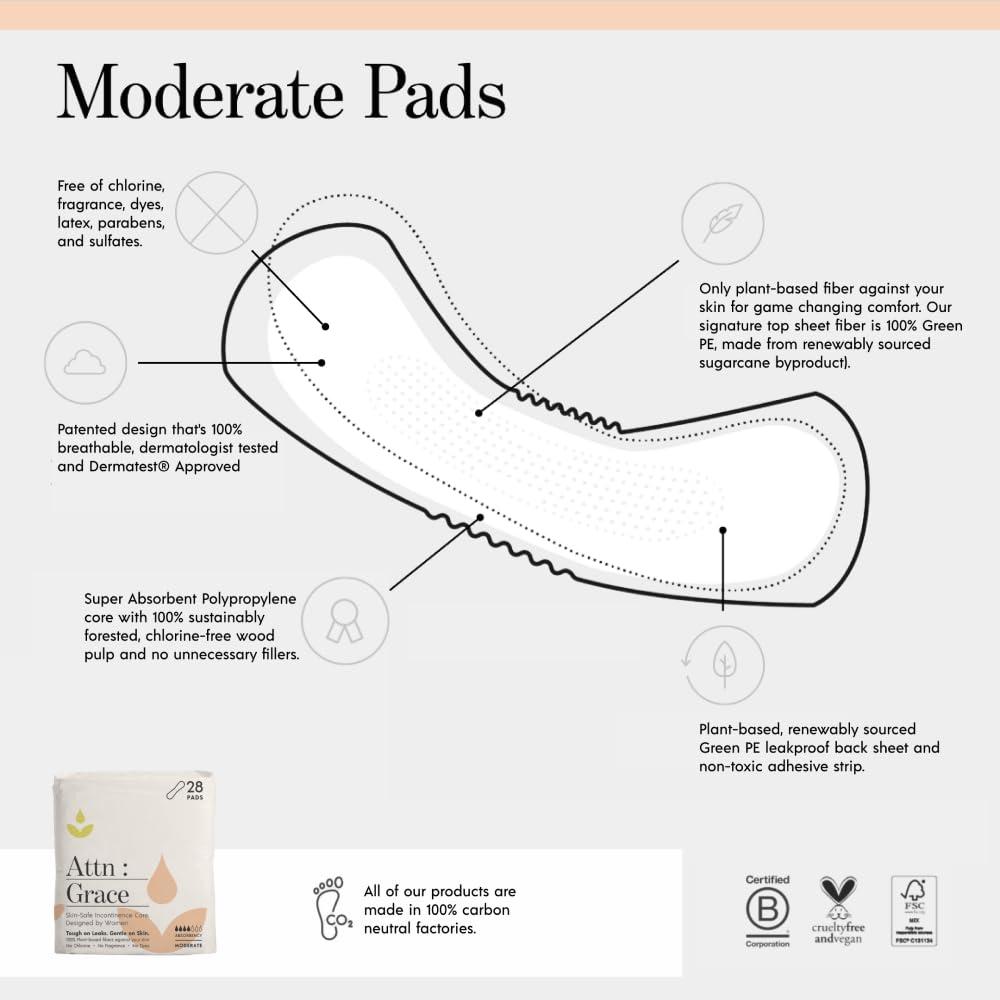 ATTN : GRACE Attn: Grace Moderate and Ultimate Incontinence Pads for Women (28 Pads in Each Pack) - High Absorbency Sensitive Skin Protection for Bladder Leakage or Postpartum/Discreet, Breathable, & Plant-Based