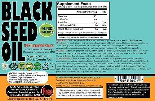 SWEET SUNNAH BLACK SEED, YOURS TO DISCOVER Strong Taste Pack of 2 Premium Black Seed Oil Liquid - 2.20%+ Thymoquinone Pungent Flavor Cold Pressed Source of Omega 3 6 9 Black Cumin Seed Oil from 100% Genuine Nigella Sativa - 16 oz Glass Bottle