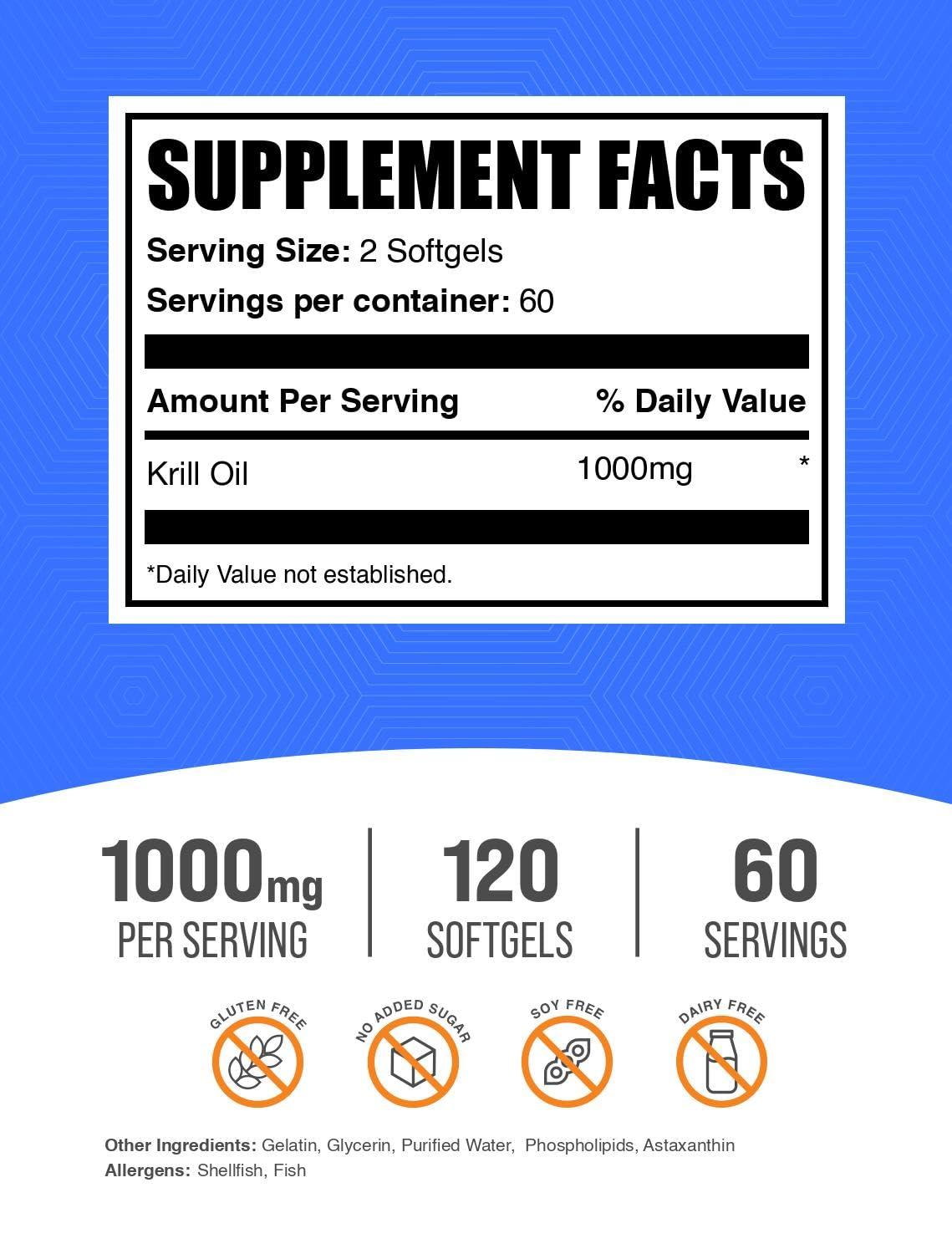 BULKSUPPLEMENTS.COM BulkSupplements.com Krill Oil 1000mg Softgels - Krill Oil Supplement, Antarctic Krill Oil, DHA Supplements - Krill Oil Omega 3, 2 Krill Oil Softgels per Serving (1000mg), 120 Softgels