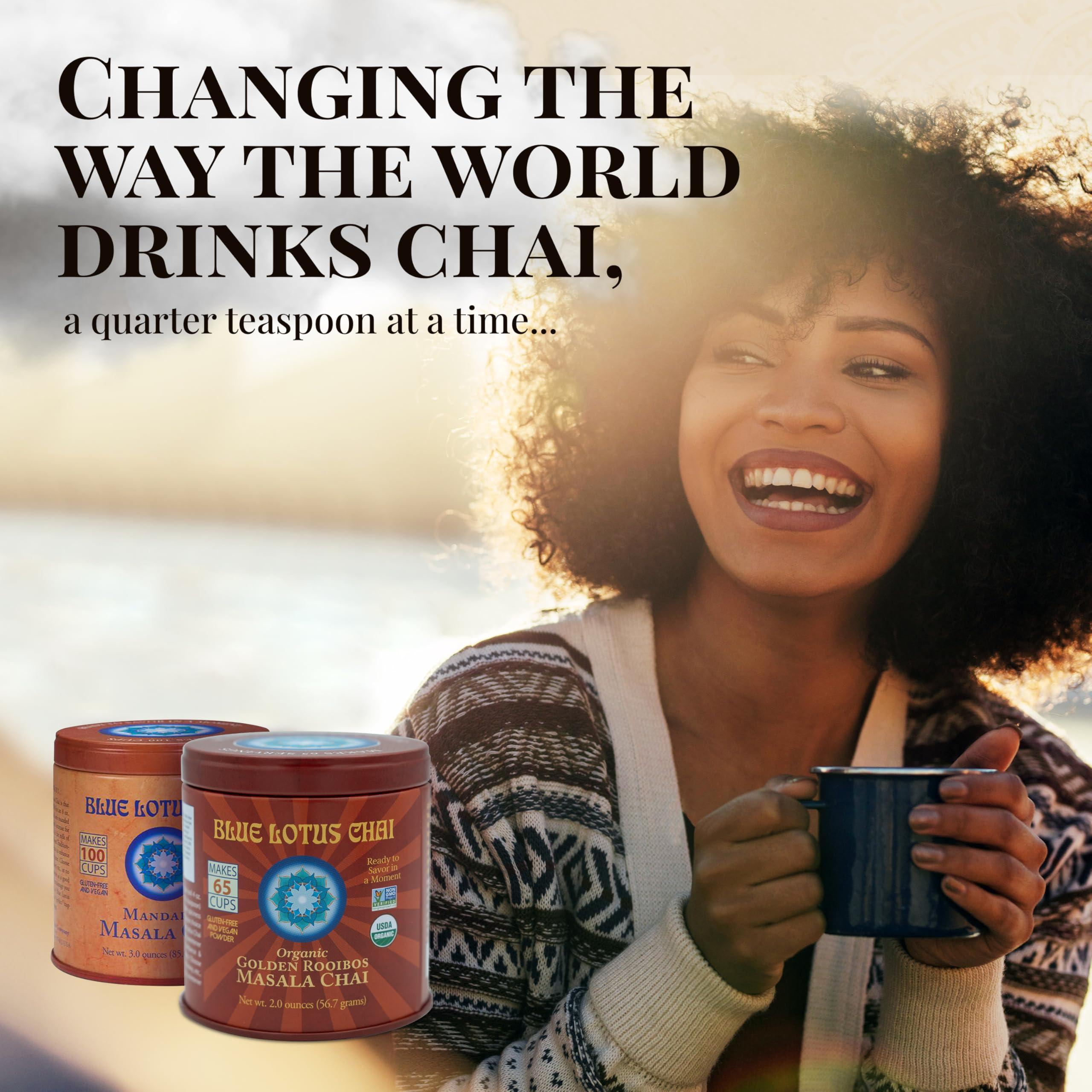 BLUE LOTUS CHAI Blue Lotus Chai - Golden Rooibos Flavor Masala Chai - Makes 65 Cups - 2 Ounce Masala Spiced Chai Powder with Organic Spices - Instant Indian Tea No Steeping - No Gluten