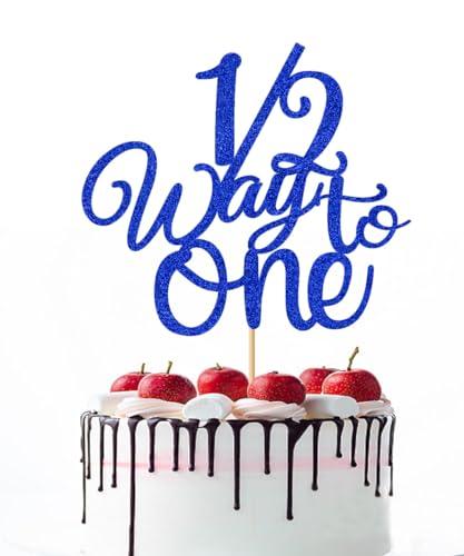 Naicaek Naicaek 1/2 Way to One Cake Topper,Happy 6 Months Cake Decorations,Half Way to One Cake Topper,Baby Boys Girls 6 Months Birthday Party Decorations (Royal Blue Glitter)