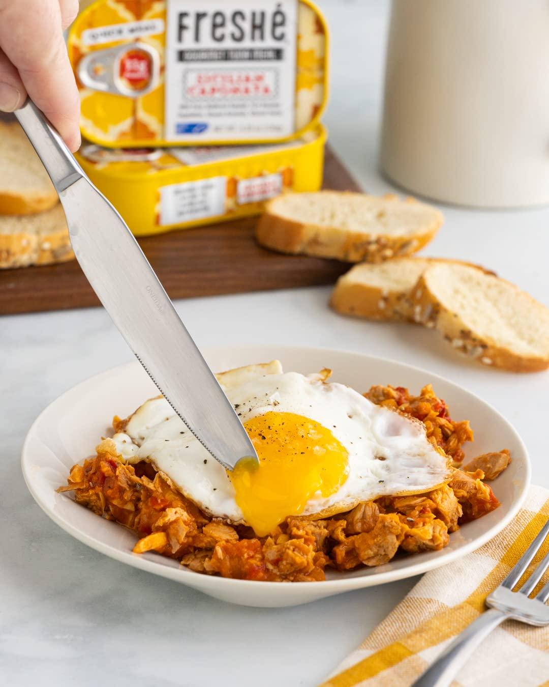 Freshé Fresh Gourmet Canned Tuna (Sicilian Caponata, 10 pack of 4.25 oz. tin) Freshly Packaged Skipjack Tuna Fish - Sustainably Caught - Perfect Gluten Free, High Protein Backpacking Food