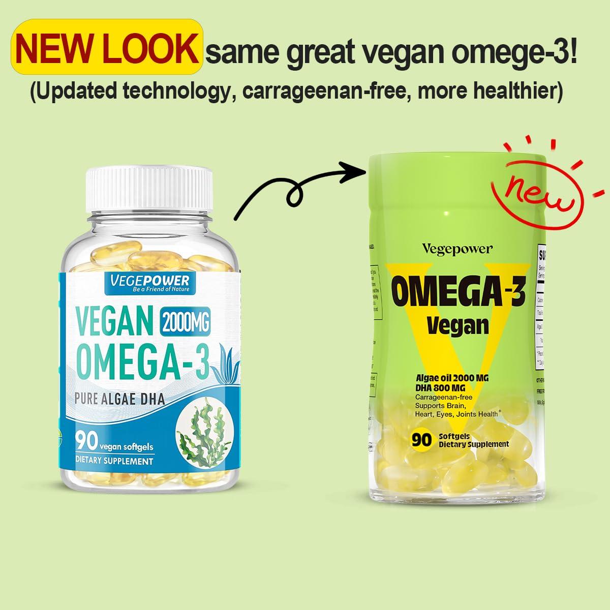 VEGEPOWER Vegan Omega-3 Algae DHA Supplements - 2000mg Algae Oil, Plant-Based Prenatal Algal DHA, 90 Carrageenan Free Softgels -Sustainable Fish Oil Alternative Supports Brain, Heart, Eyes, Joint Health