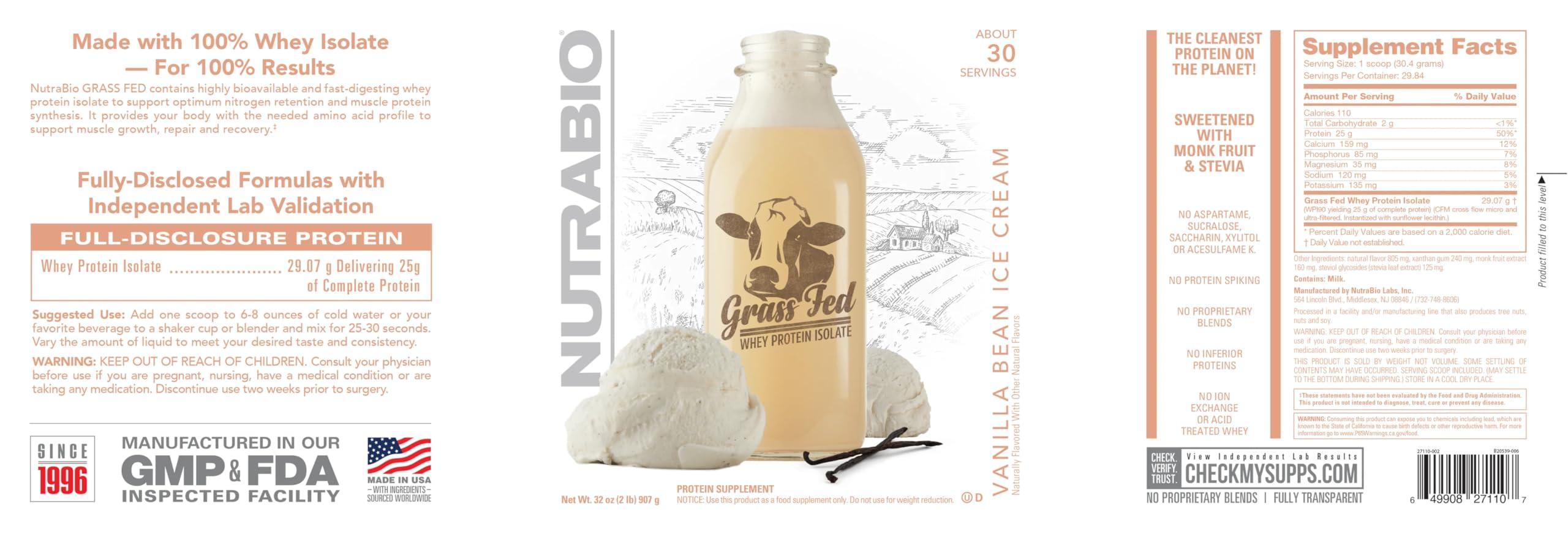 NutraBio NutraBio Grass Fed Whey Isolate Protein Powder - 25G of Protein Per Scoop - Sugar Free Natural Lean Muscle Protein Supplement - Vanilla Bean- 2 Pounds, 29 Servings.