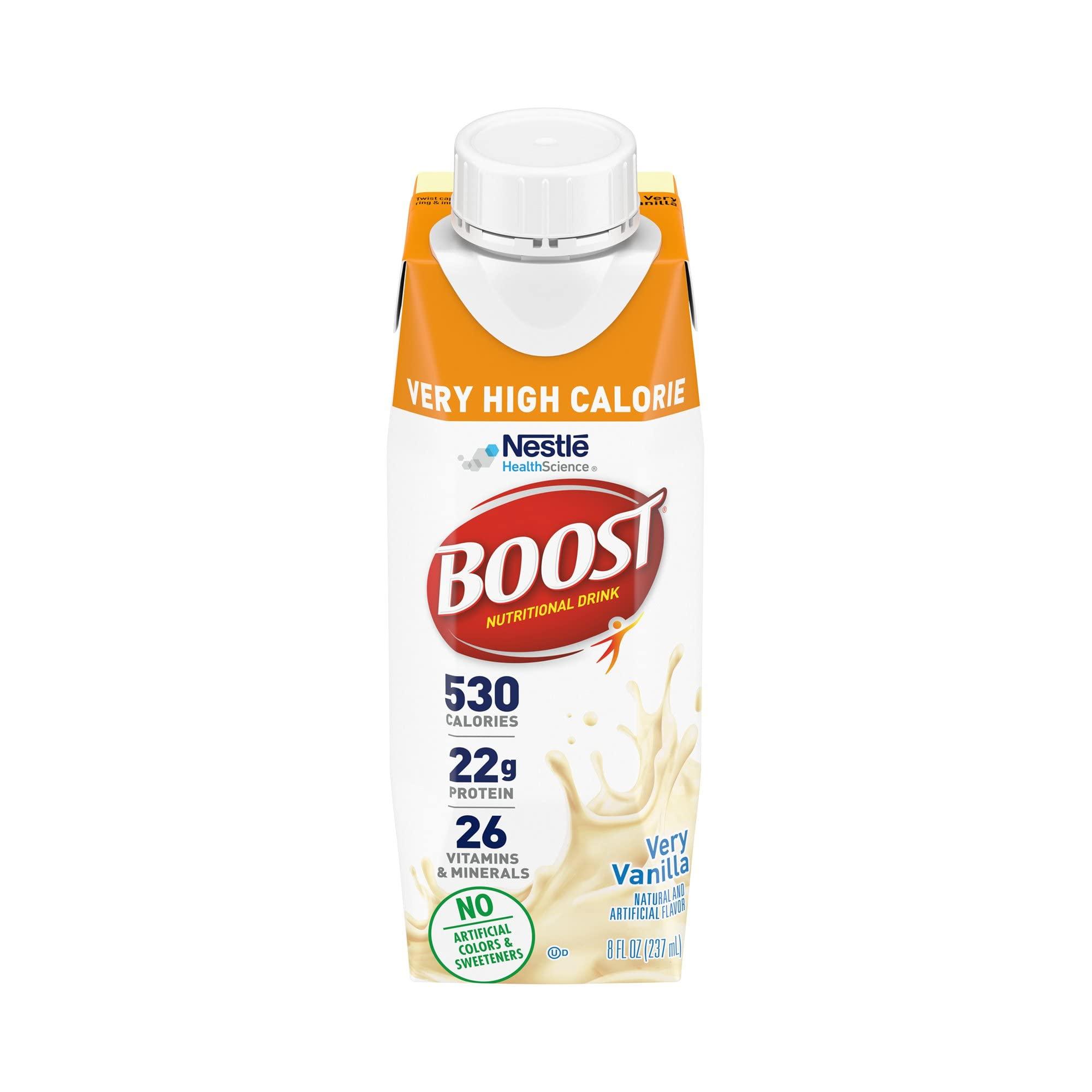 BOOST BOOST Breeze Clear Nutritional Drink, 9g Protein, 250 Nutrient-Rich Calories, Wild Berry, 8 fl oz (Pack of 24) & Very High Calorie Vanilla Nutritional Drink 22g Protein, 530 Nutrient Rich Calories