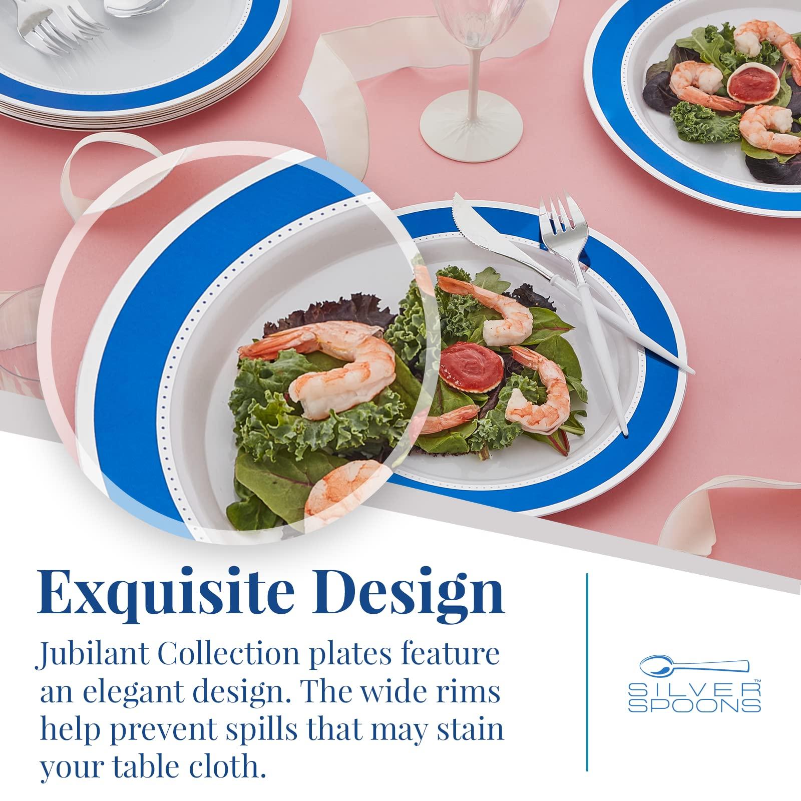 Silver Spoons SILVER SPOONS Elegant Disposable Plates For Party - (10 Piece) Heavy Duty Disposable Dinner Set, Fine Dining Plastic Dishes For Elegant China Look, Great for Celebrations & Events, Blue