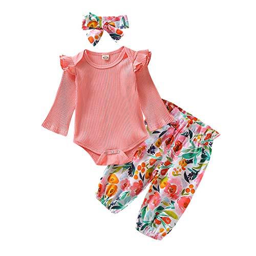Tomppy Tomppy Newborn Baby Girls Clothes Outfits Long Sleeve Romper Bodysuits + Floral Pants+ Bow Headband Set Infant Costume Suits Pink