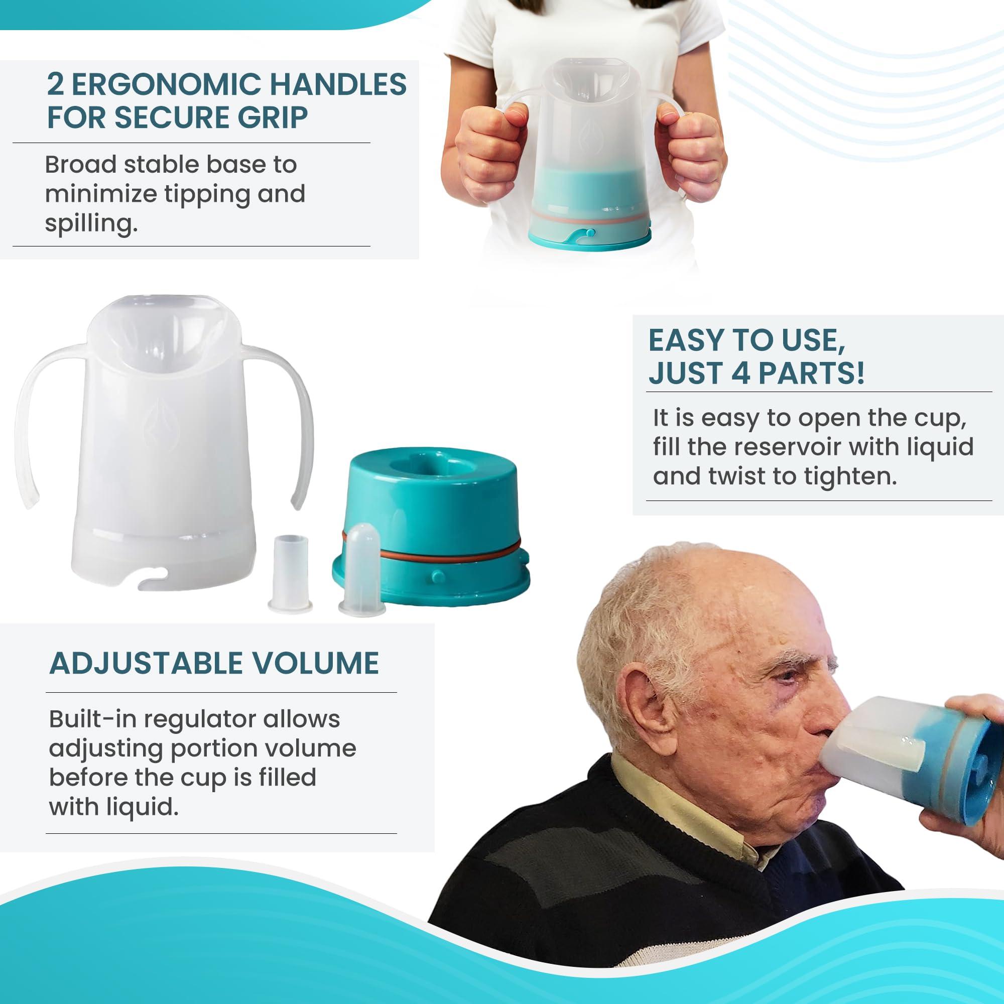 RiJe RiJe Petite Dysphagia Regulating Drinking Cup for Difficulty Swallowing Disorders (5 oz) Controlled Sips Cup Prevents Aspiration - 2 Handles for Secure Grip - Adjustable 4cc-12cc, Made in Canada