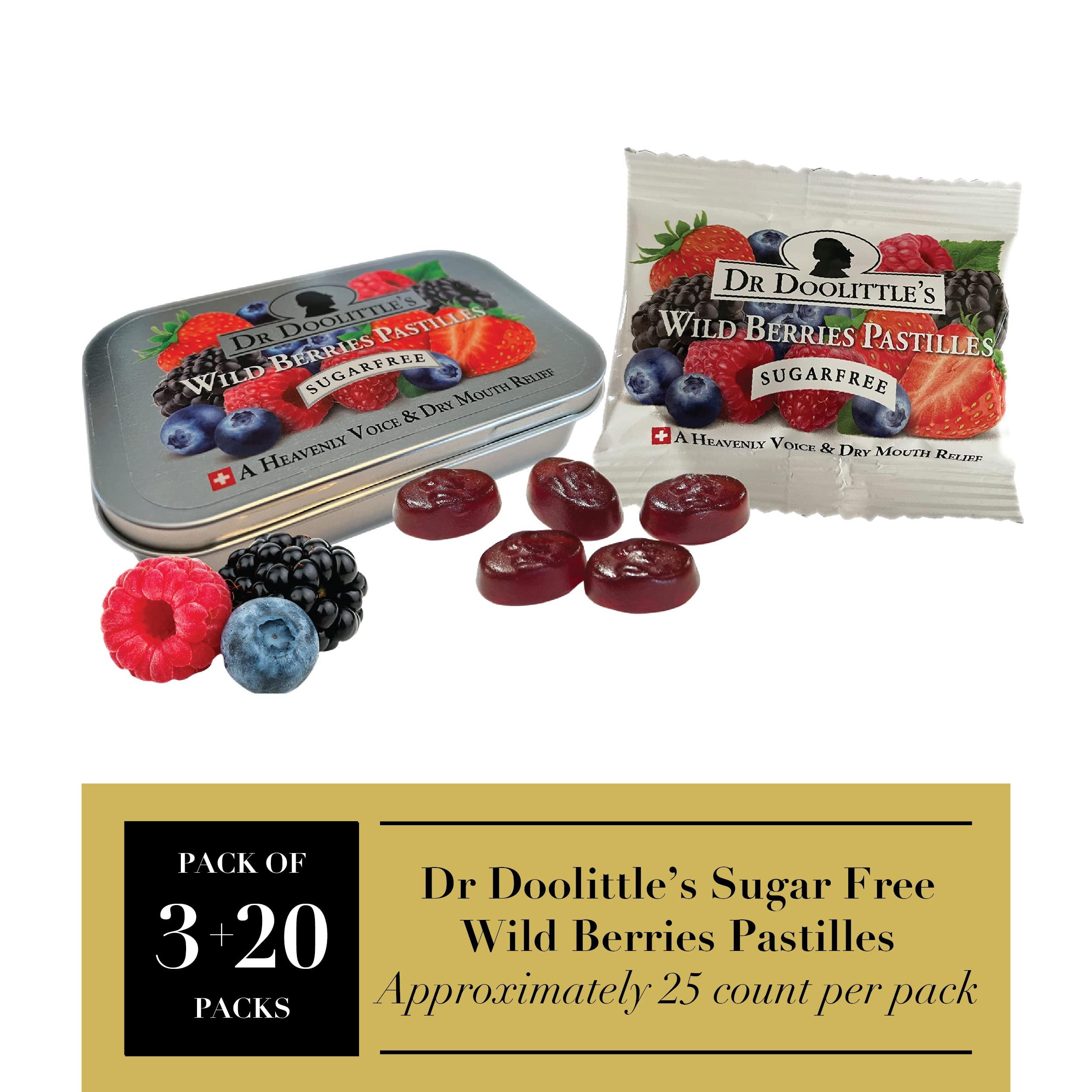 DOOLITTLE Dr. Doolittles Sugar Free Soft Fruit Pastilles for Voice and Throat, Wild Berries Flavor, Multipack of 2.12 Ounce Tin, 3 Pack and .33 Ounce Travel Size Bag, 20 Pack