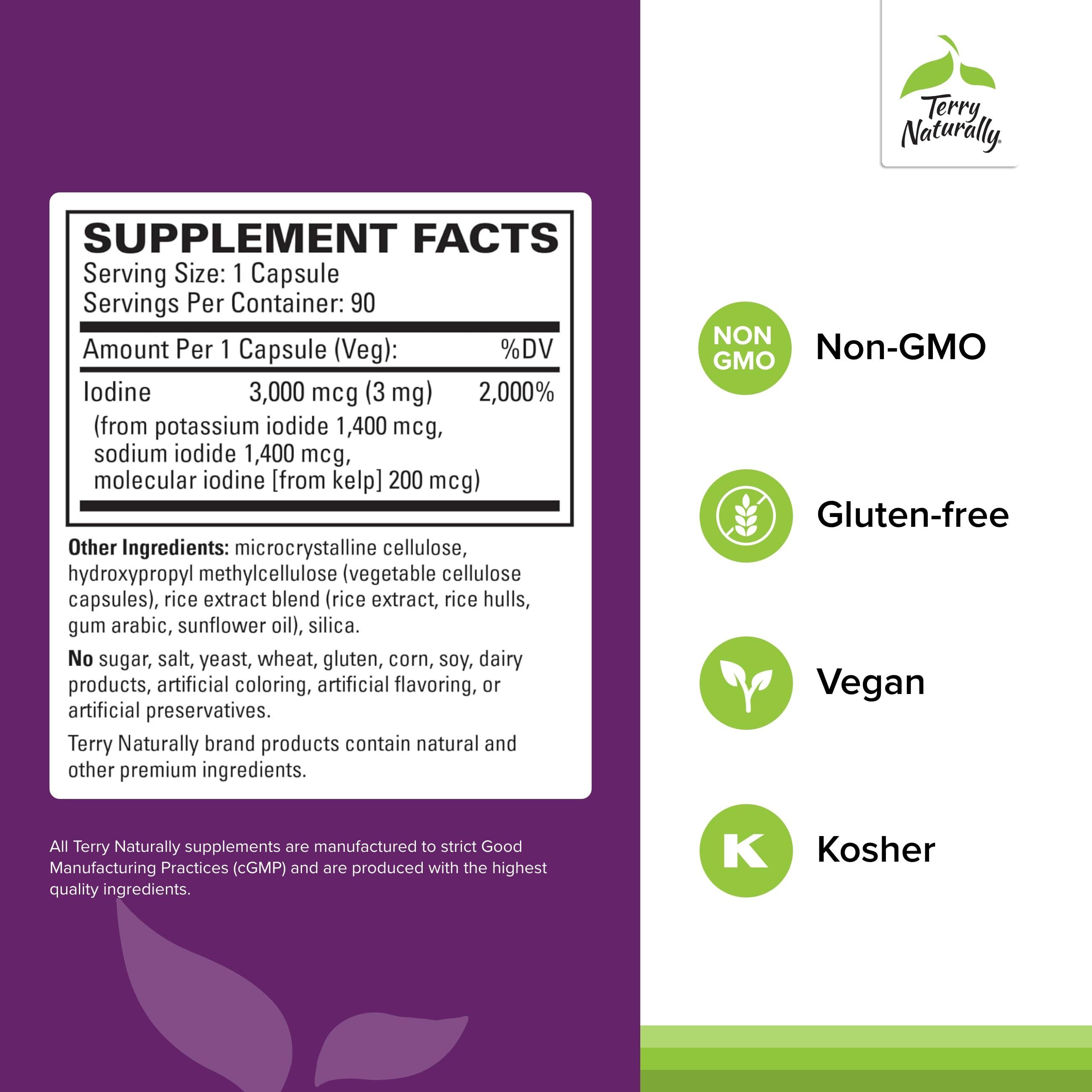 Terry Naturally Terry Naturally Tri-Iodine - Dietary Supplement for Breast & Prostate Health Support - Healthy Thyroid Function Supplement Aid - 3 mg, 90 Capsules, 2 Pack