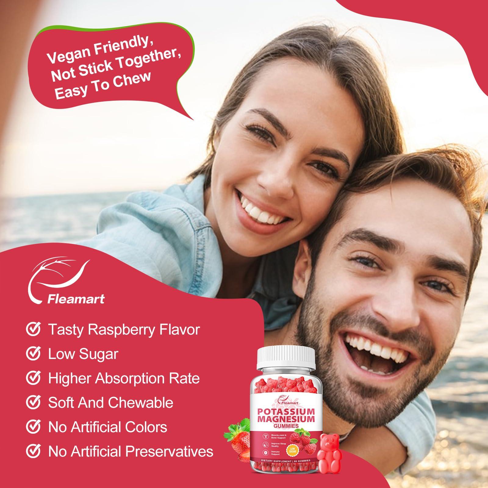 Fleamart Potassium Magnesium Gummies Potassium Citrate 99mg Magnesium Citrate 250mg Magnesium Potassium Complex Supplement, Immune Support, Leg Cramps Muscle Health, 60 Raspberry Gummies 2 Pack