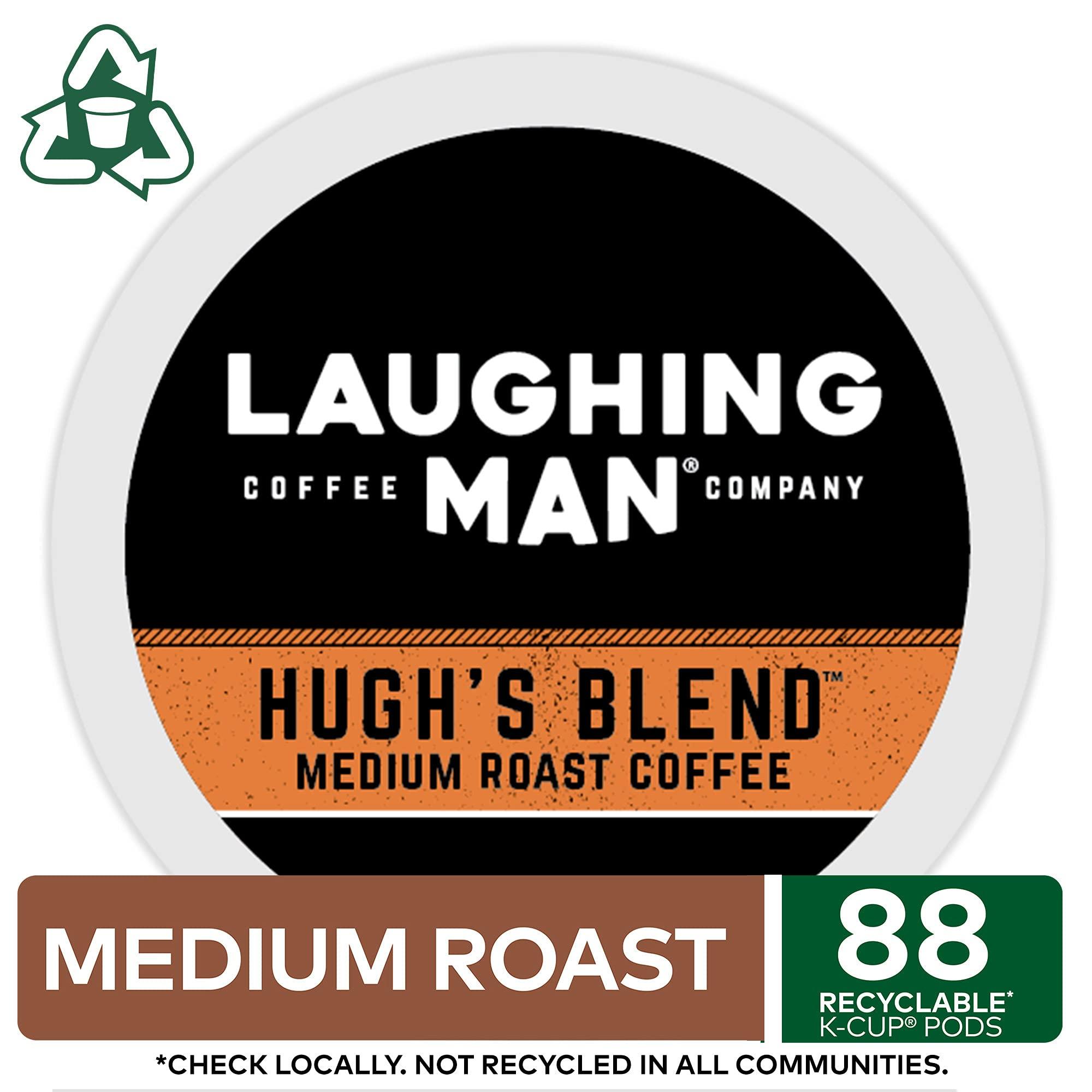 LAUGHING MAN Laughing Man Hughs Blend Keurig Recyclable K-Cup Coffee Pods, Single-Serve Fair Trade Medium Roast Arabica Coffee for use with Keurig Coffee Makers, 88 Count (4 Packs of 22)