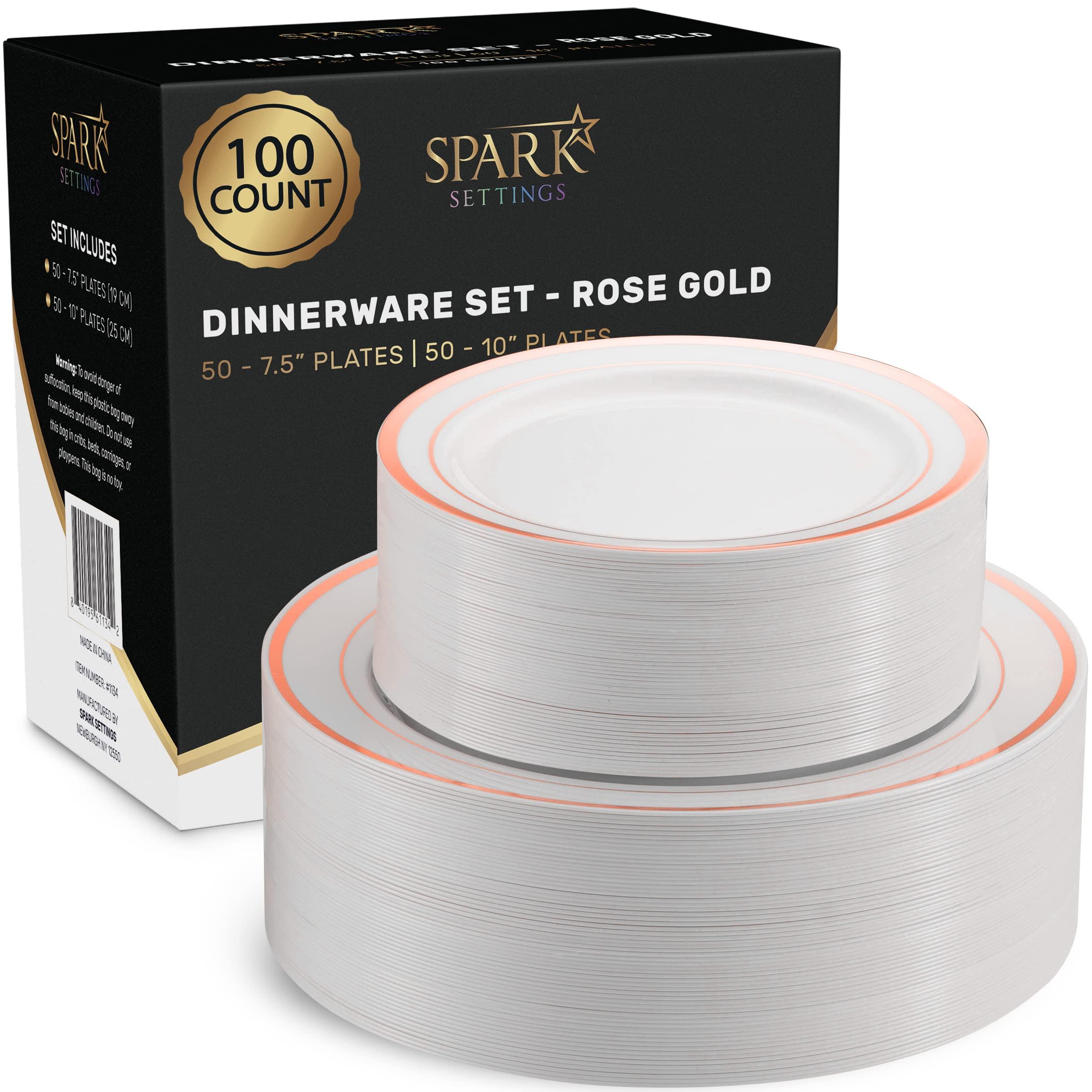 SparkSettings SparkSettings Rose Gold Plastic Plates For Party, 100 Pack Plastic Plates Disposable Wedding Plates 50 Elegant 10.25 Dinner Plates & 50 Sturdy 7.5 Dessert Party Plates Disposable Plates For Party