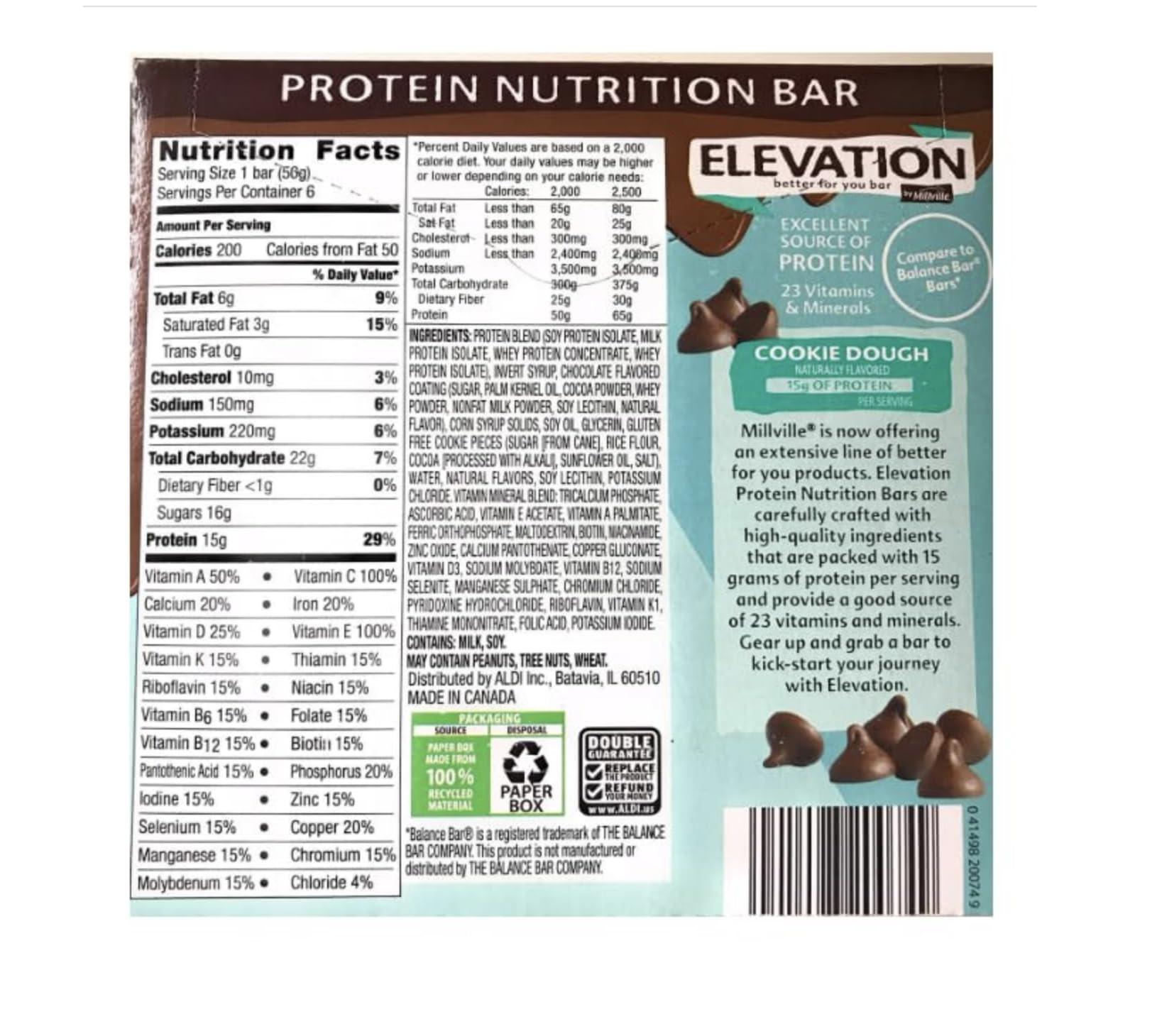 Generic Generic Elevation Cookie Dough Protein Meal Bar, Gluten Free, 6 Bars, Optimal Macros & Nutrients, 15g protein, 22 key vitamins
