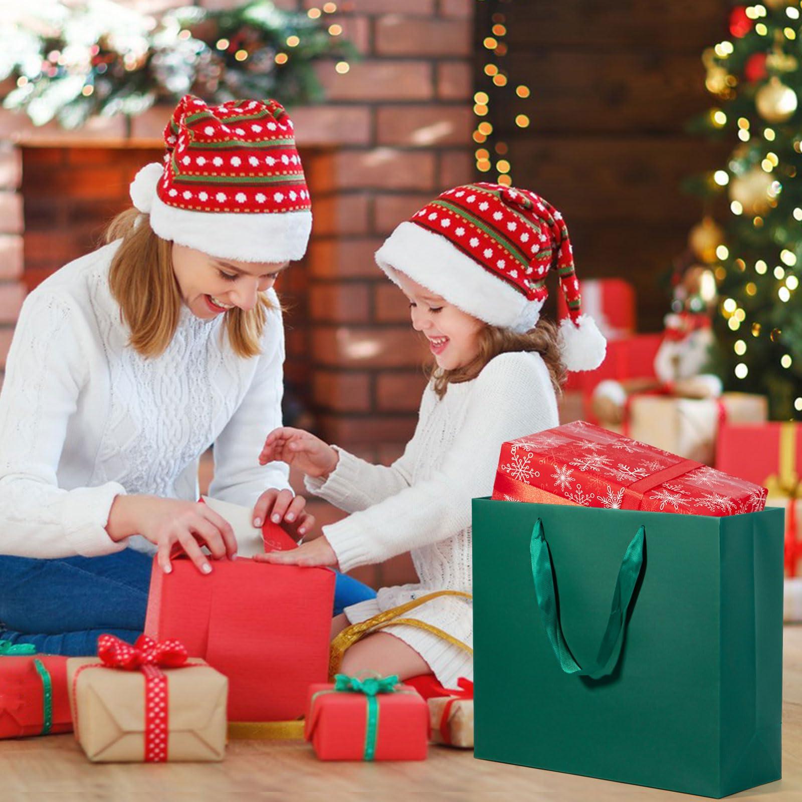 driew driew Green Gift Bags, 12 Pack Extra Large Deep Green Gift Bag Ribbon Handles Heavy Duty Paper Gift Bags 12.6x4.5x11 inches Party Gift Bags for Shopping, Pakcing,Retail,Dark Green