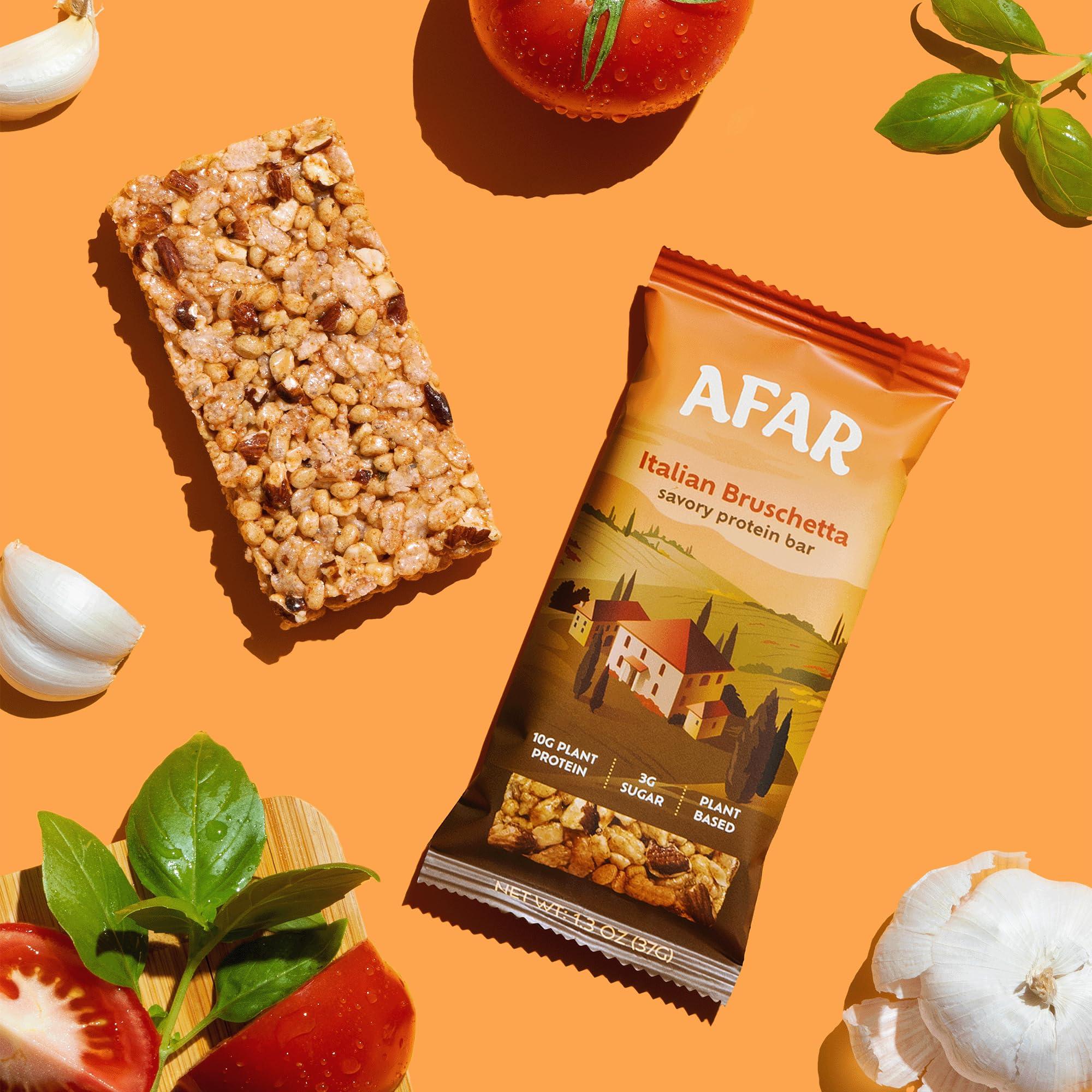 Afar Afar Savory Protein Bars Low Sugar, High Protein Healthy Snack for Adults Meal Replacement Bar Rice Crispy Texture Vegan, Gluten Free 8 Bars (Italian Bruschetta)