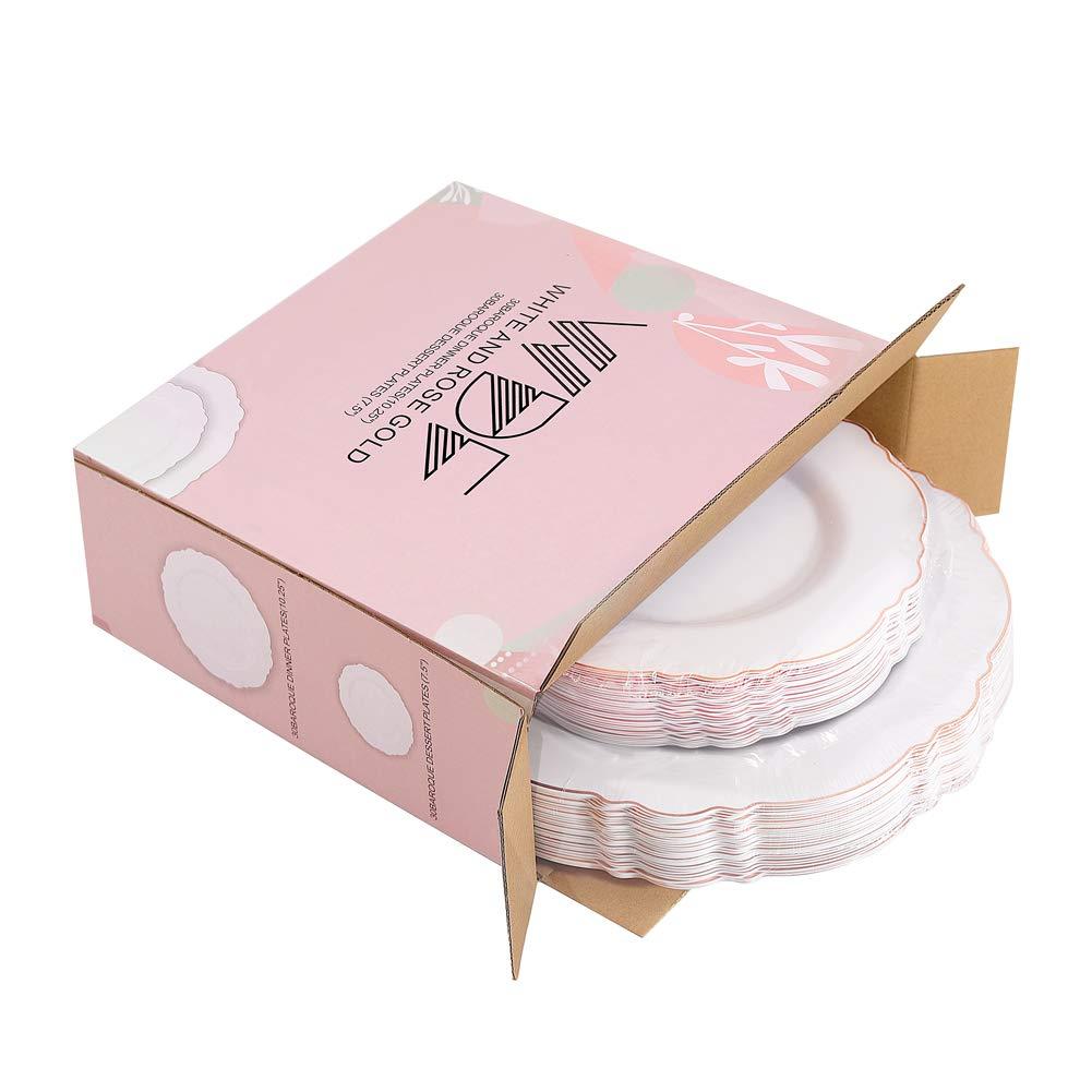 WDF WDF 60pcs Rose Gold Plastic Plates-Baroque White &Rose Gold Disposable Plates Rose Gold Plastic Silverware- Disposable Flatware Set