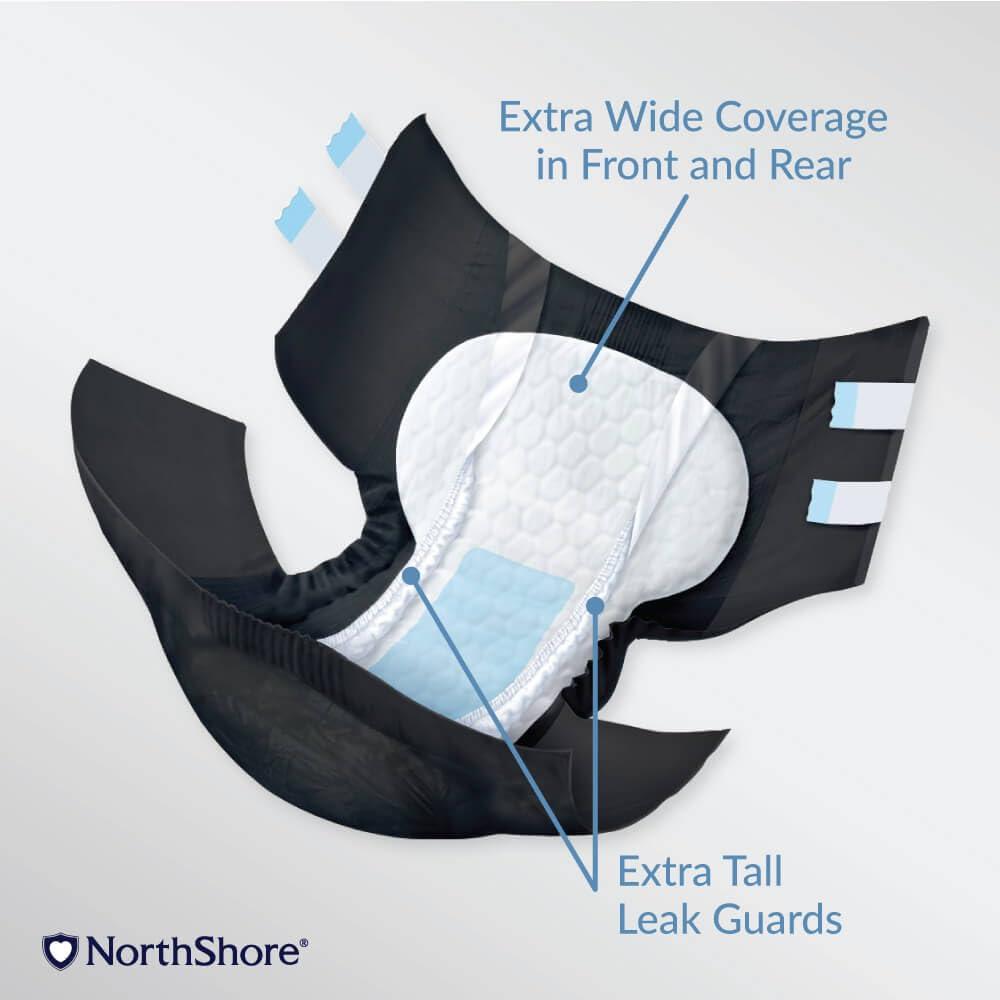 NorthShore NorthShore MegaMax AirLock Breathable 9-Hour Heavy-Duty Tab-Style Adult Diapers, Small, 48 Count Case, Black, 24-34 inches, Unisex Incontinence Underwear