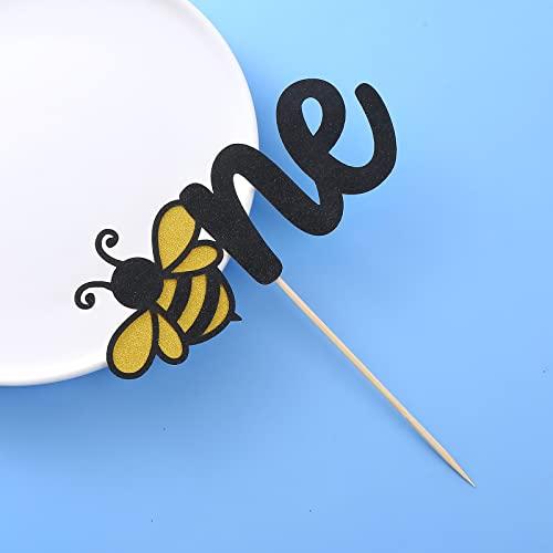 LeeLeeAn One Birthday Bee Cake Topper - Bumble bee Theme Baby first Birthday Party Gender Reveal Cake TopperGold Happy 1st anniversary cake topper